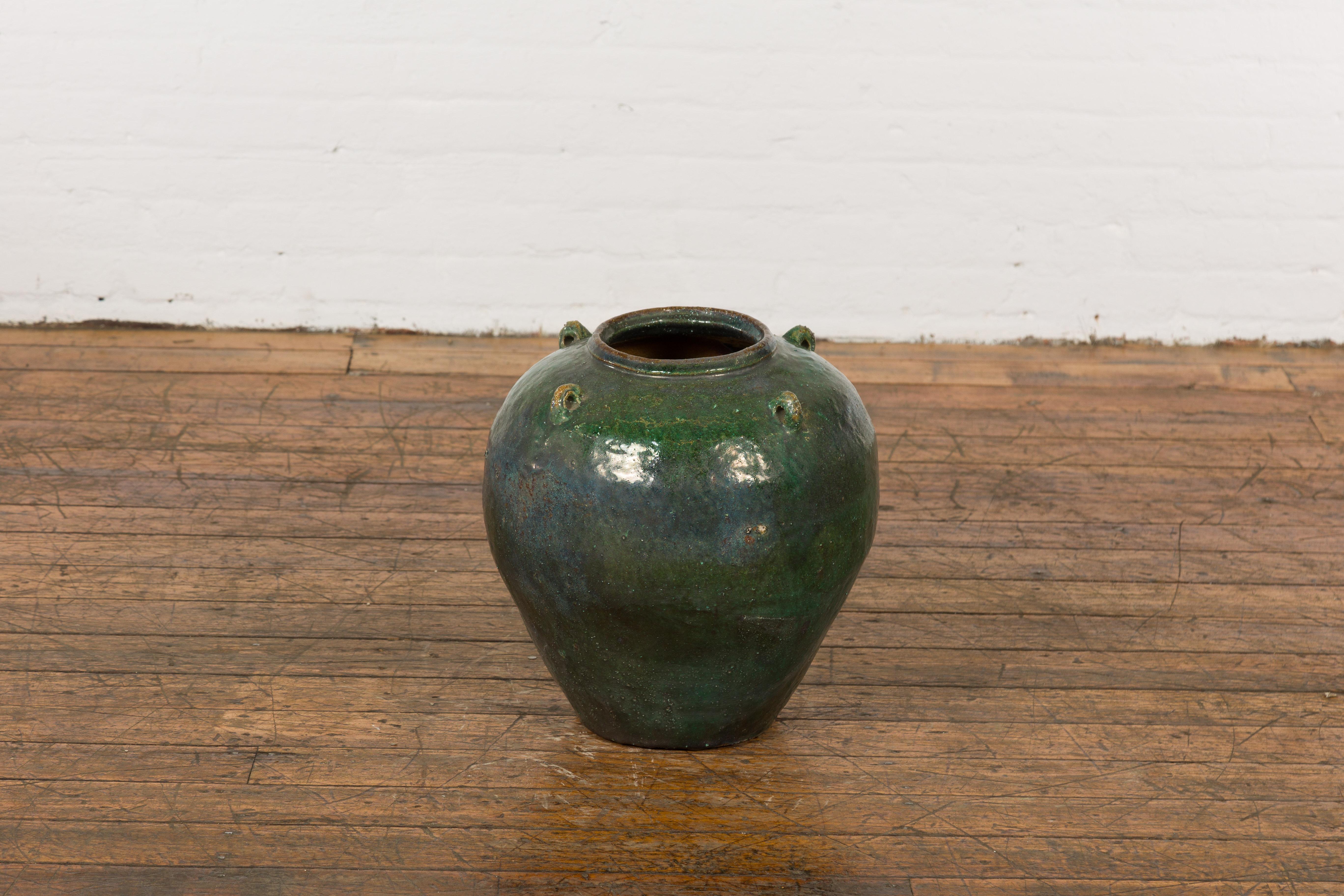 Small Dark Green Antique Glazed Ceramic Jar For Sale 6