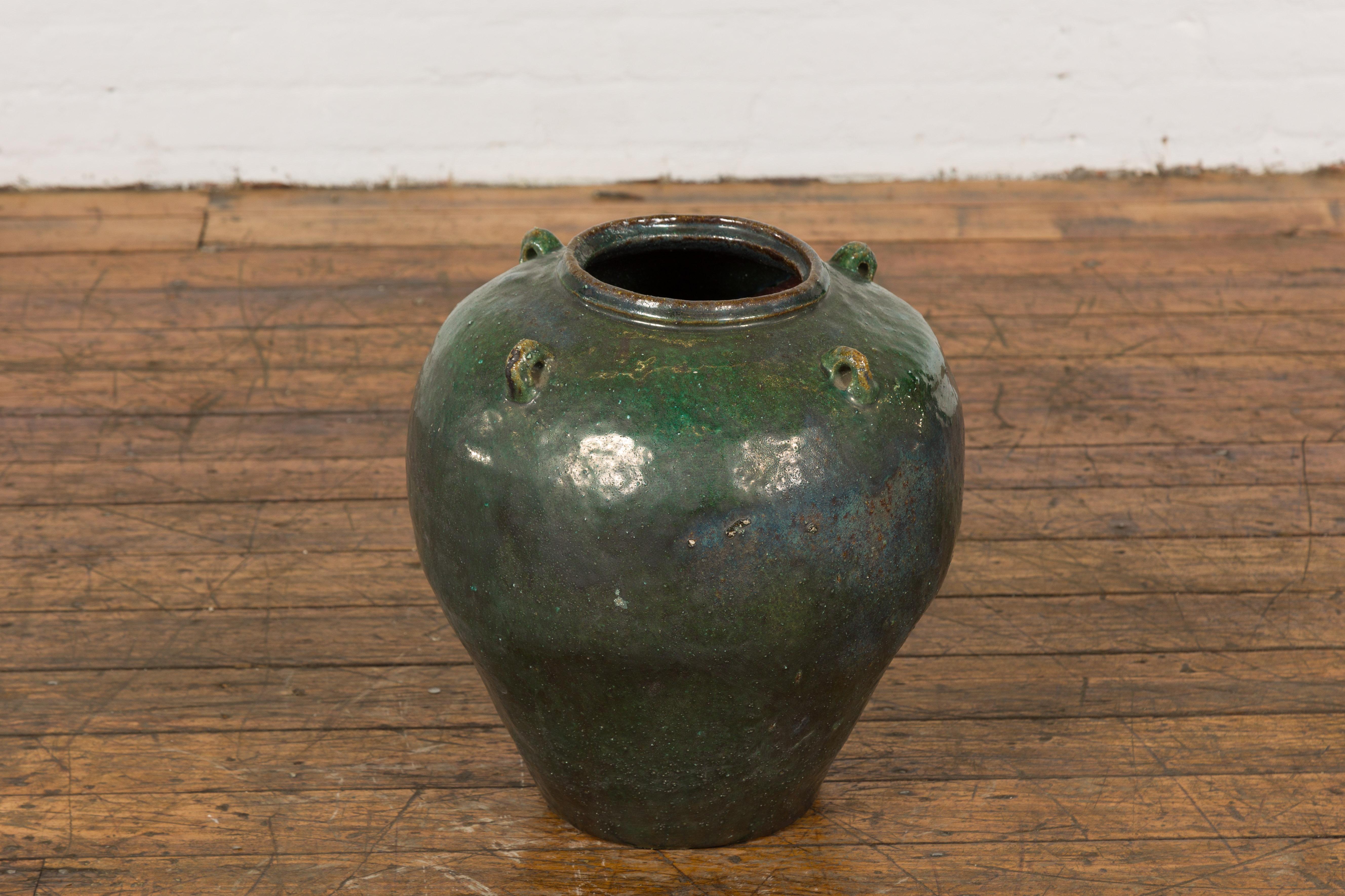 Small Dark Green Antique Glazed Ceramic Jar For Sale 7