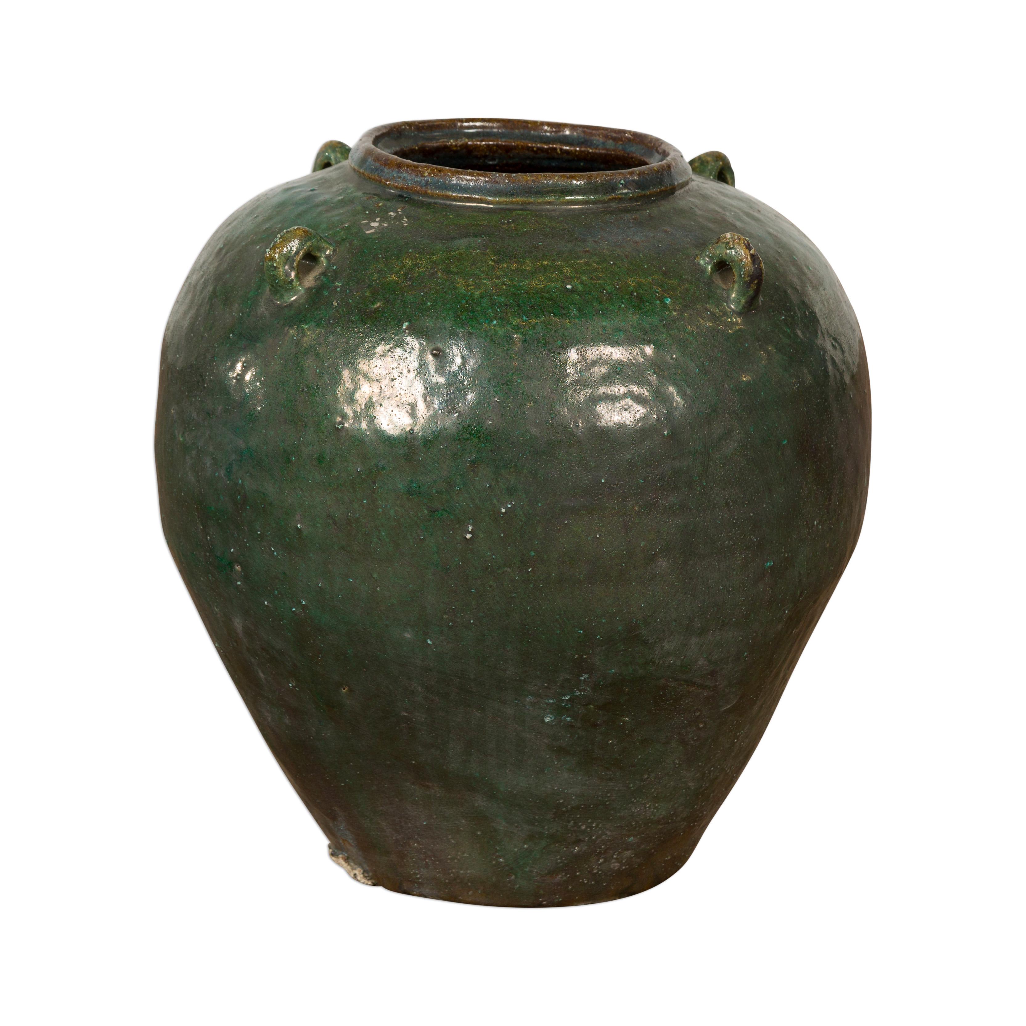 Small Dark Green Antique Glazed Ceramic Jar For Sale 9