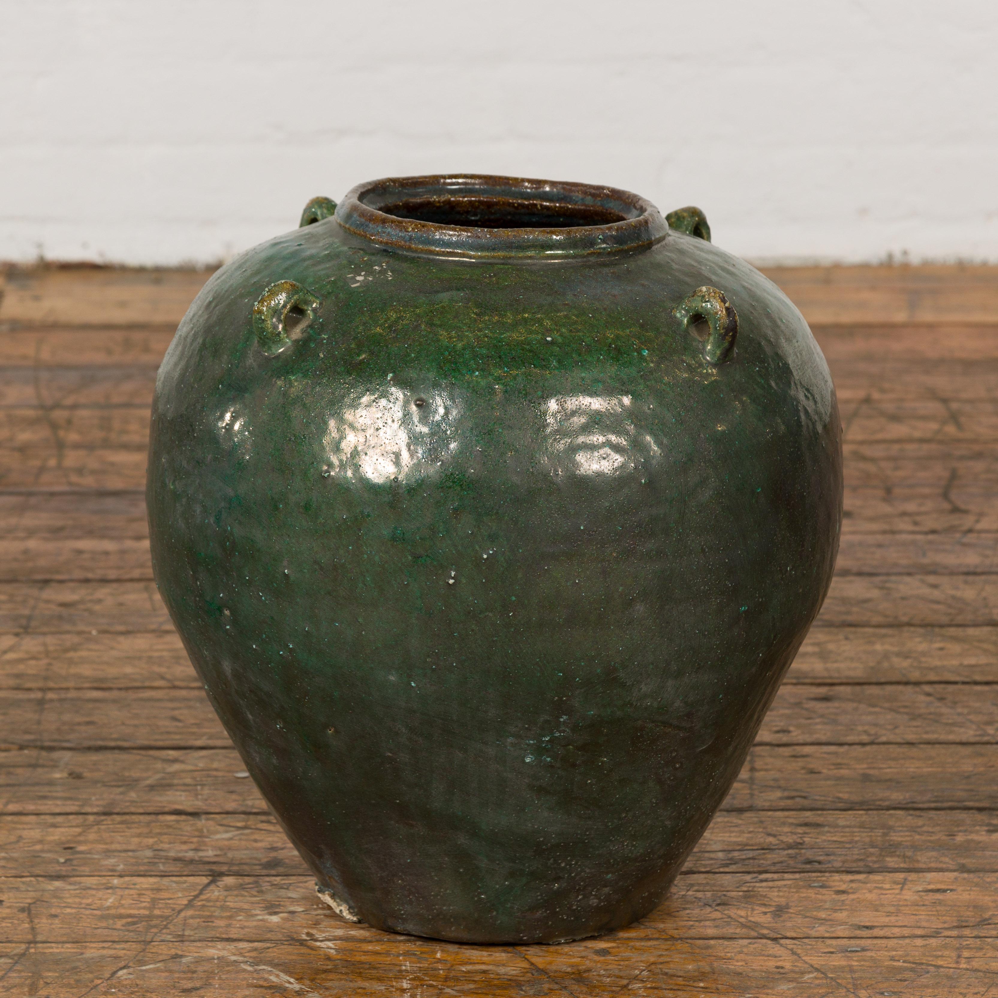 Chinese Small Dark Green Antique Glazed Ceramic Jar For Sale