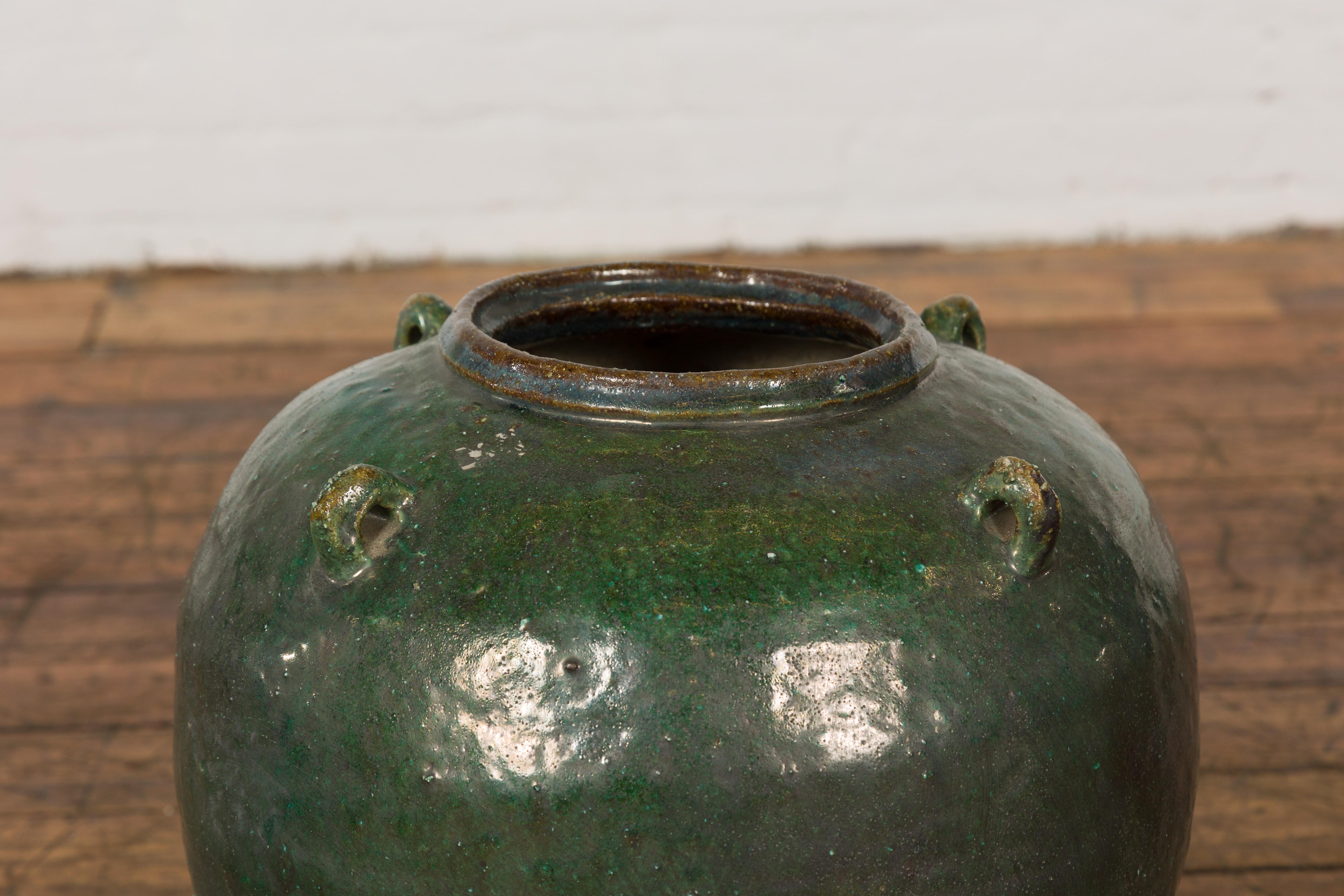 Small Dark Green Antique Glazed Ceramic Jar In Good Condition For Sale In Yonkers, NY