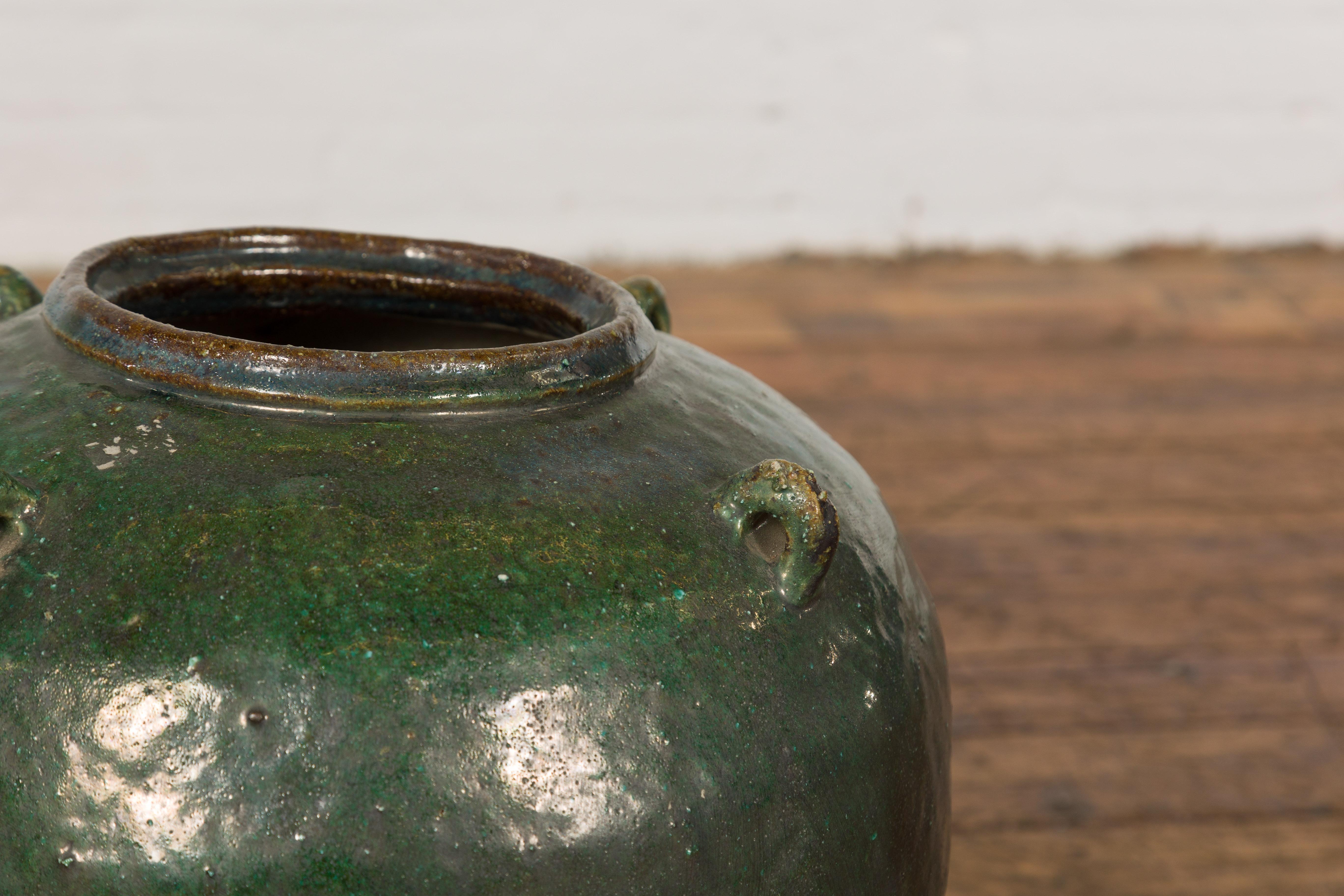 20th Century Small Dark Green Antique Glazed Ceramic Jar For Sale