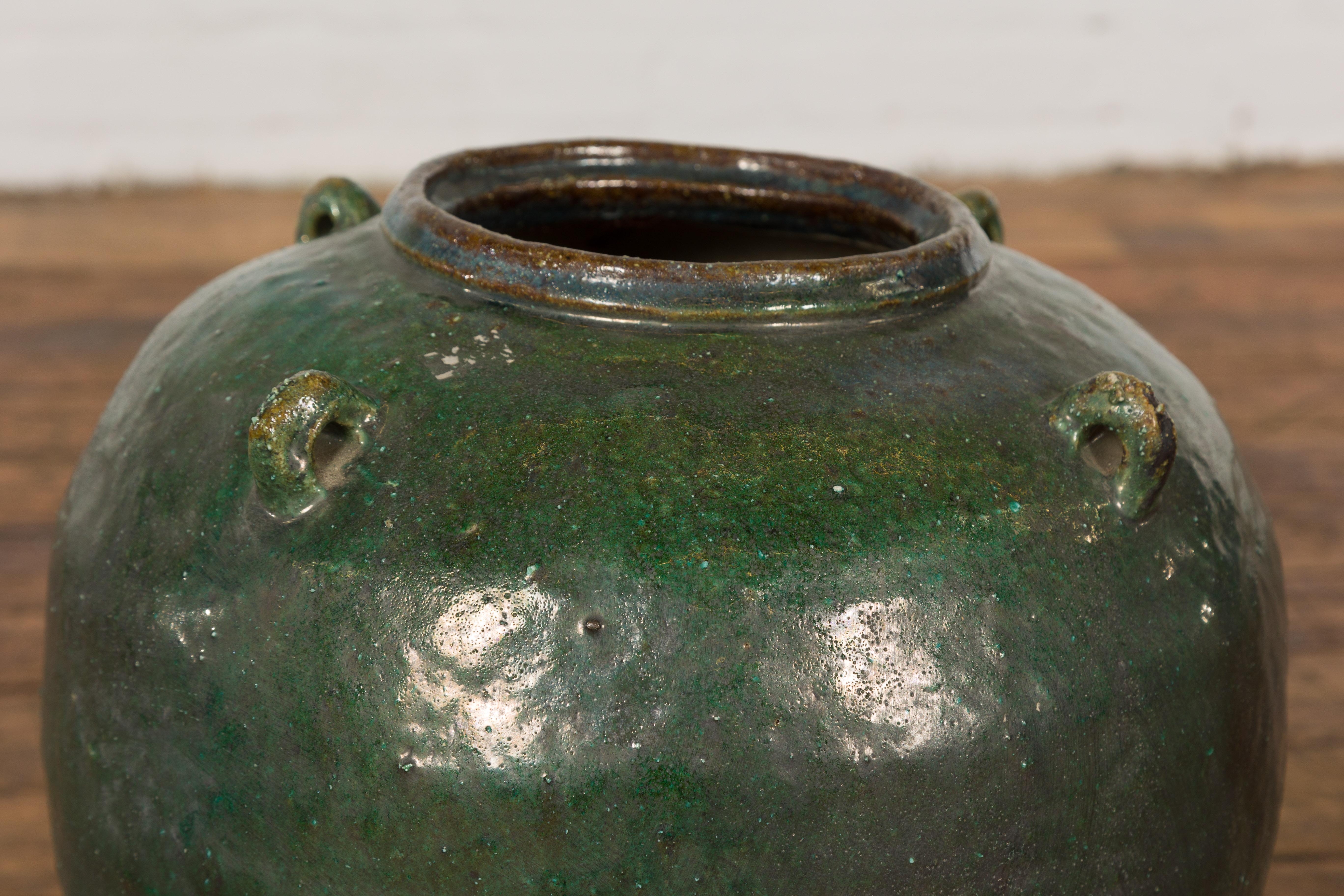 Small Dark Green Antique Glazed Ceramic Jar For Sale 1