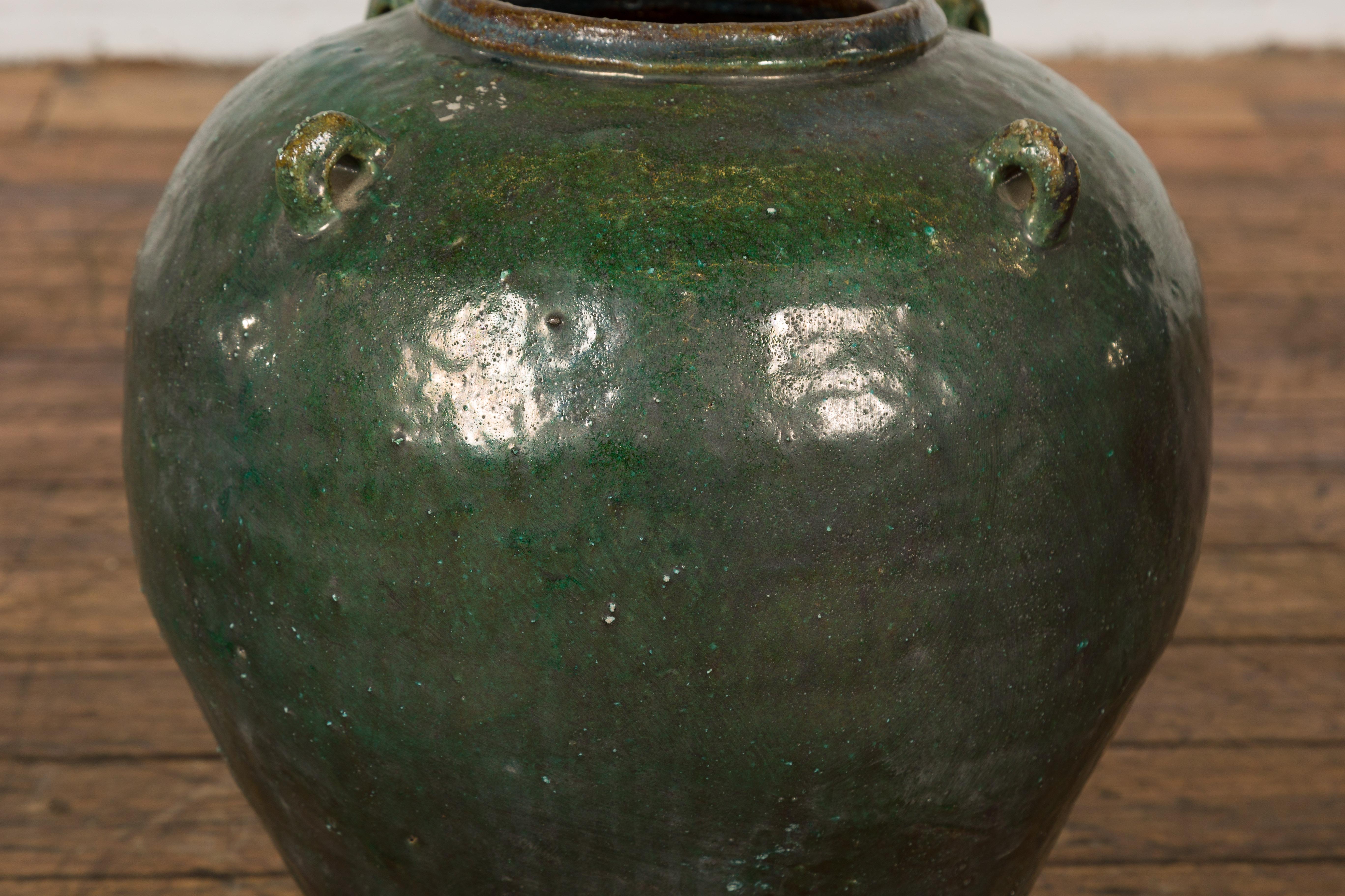 Small Dark Green Antique Glazed Ceramic Jar For Sale 2
