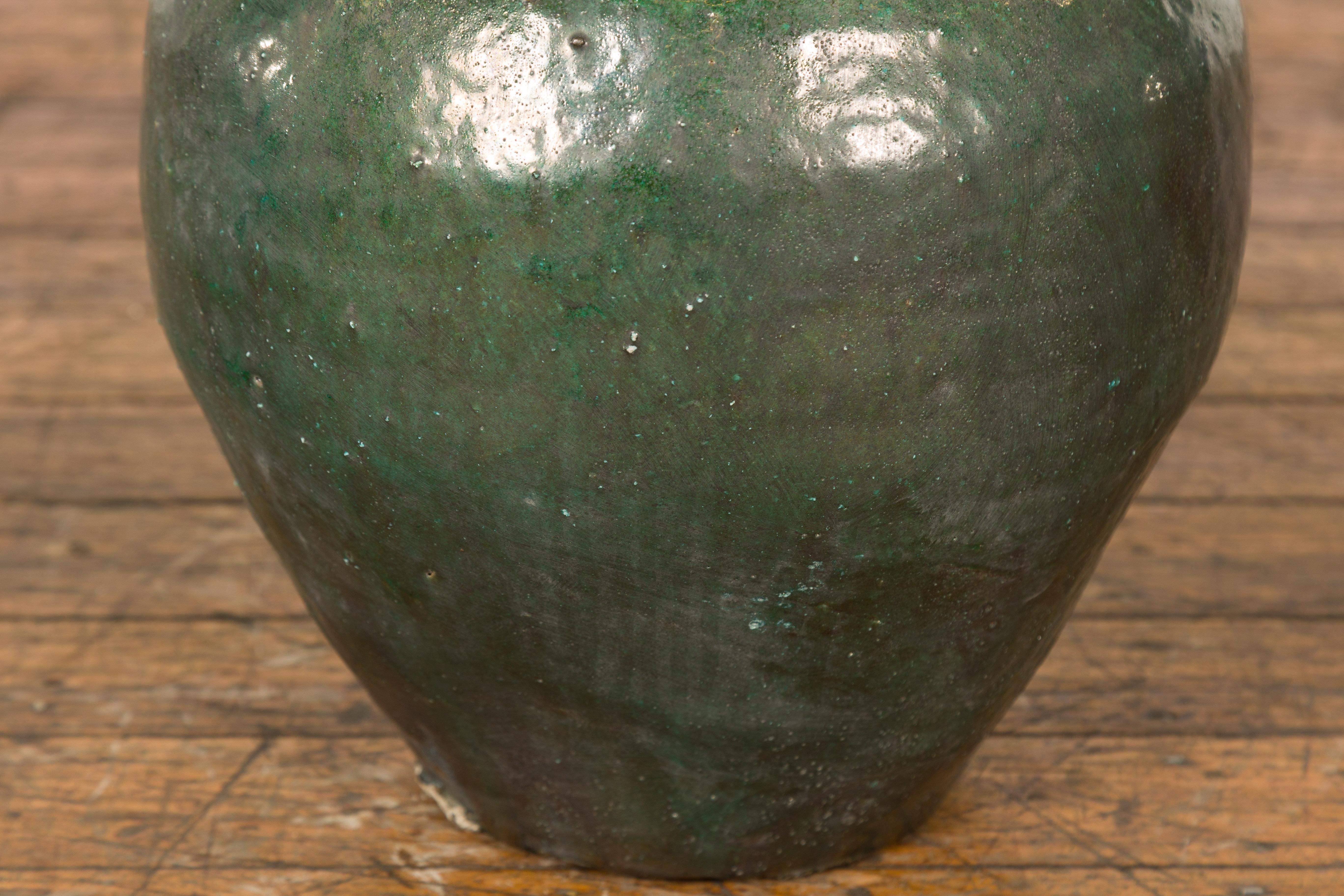 Small Dark Green Antique Glazed Ceramic Jar For Sale 3