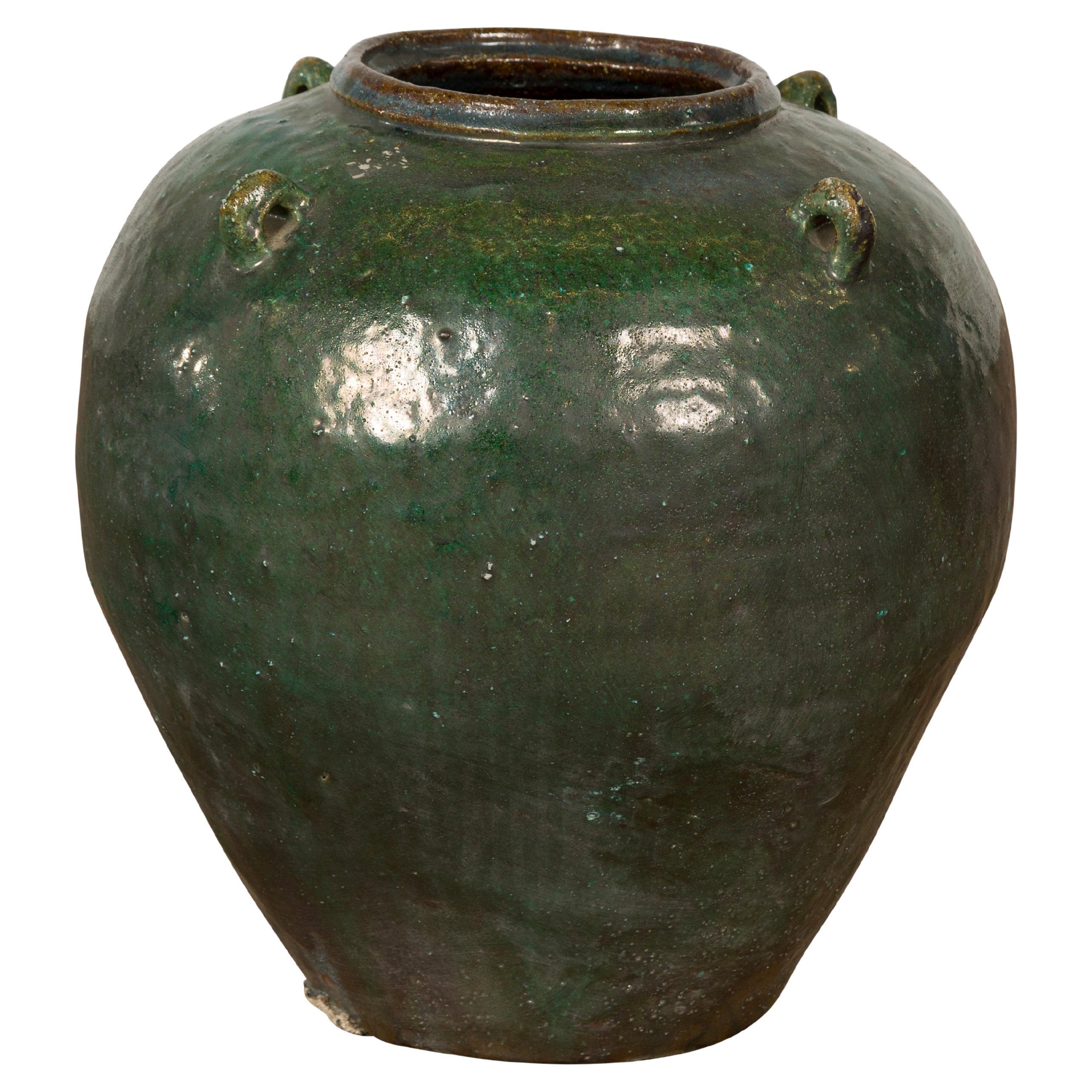 Small Dark Green Antique Glazed Ceramic Jar For Sale