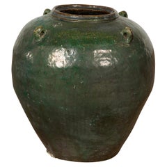 Small Dark Green Antique Glazed Ceramic Jar