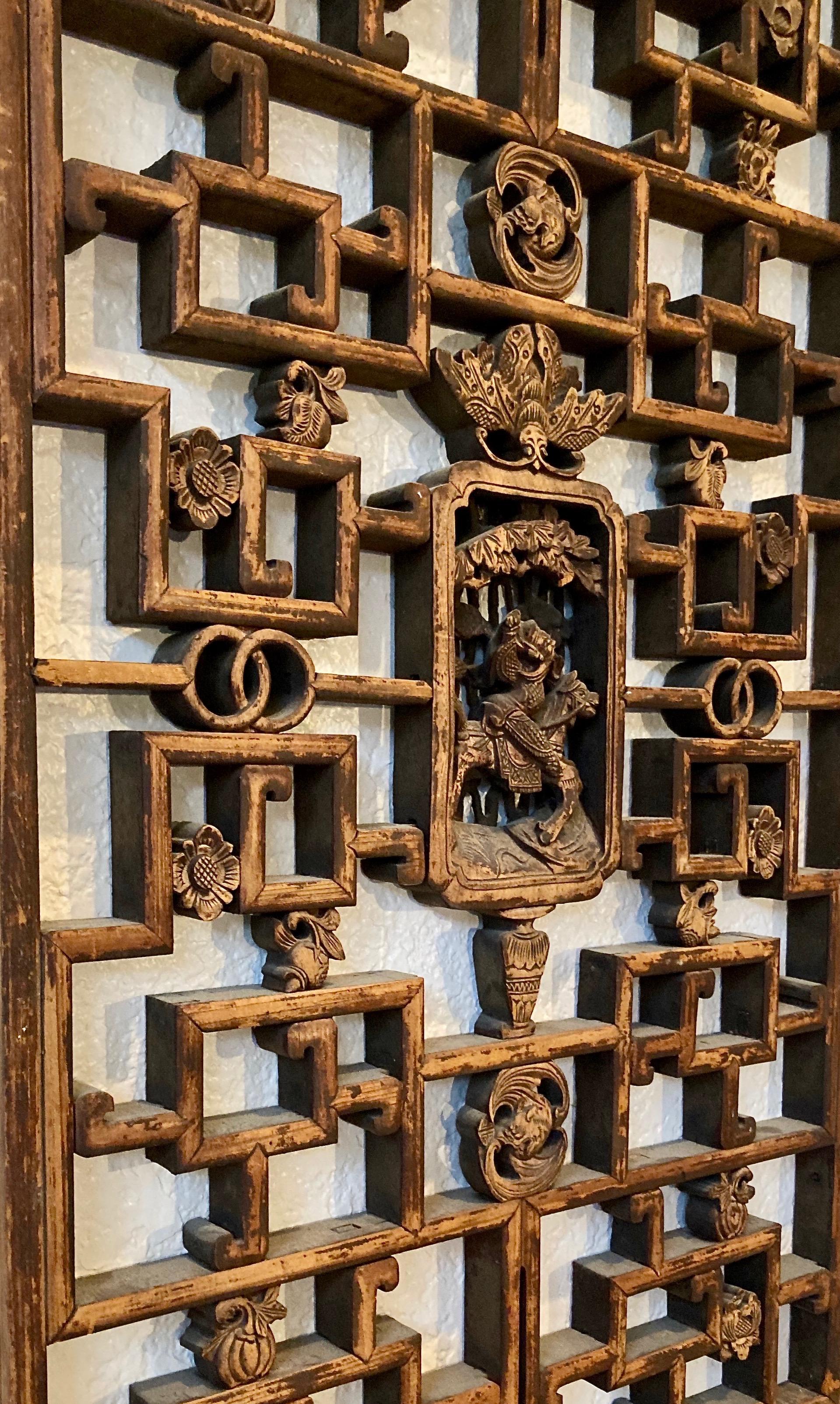 Hand-Carved Antique Chinese Lattice & Carved Wood Panel