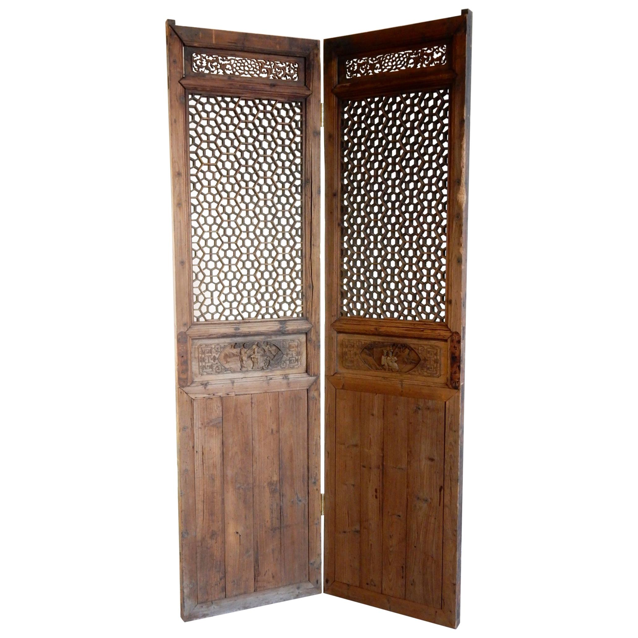 Antique Chinese Lattice Entry Doors, Room Divider Screen