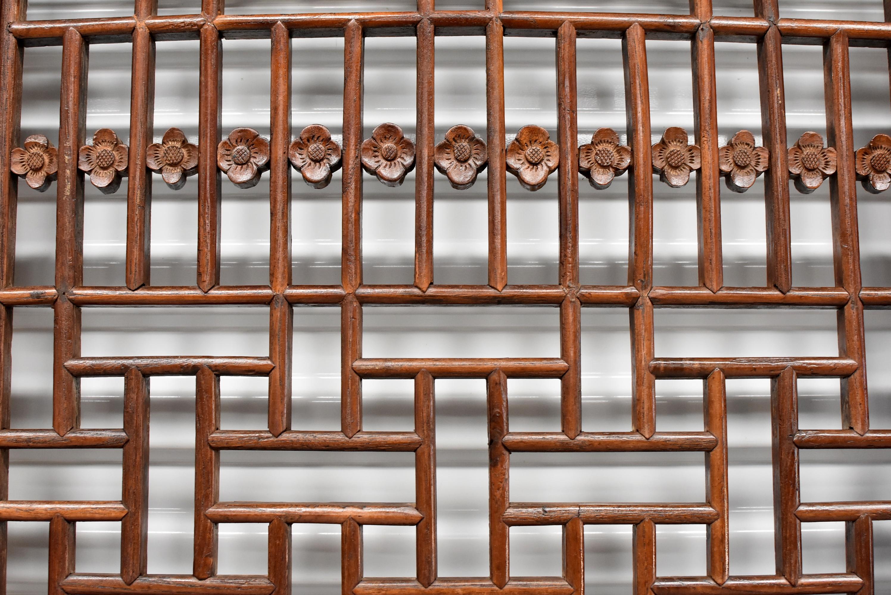 Joinery Antique Chinese Lattice Screen with Carved Plum Blossom and Dragon