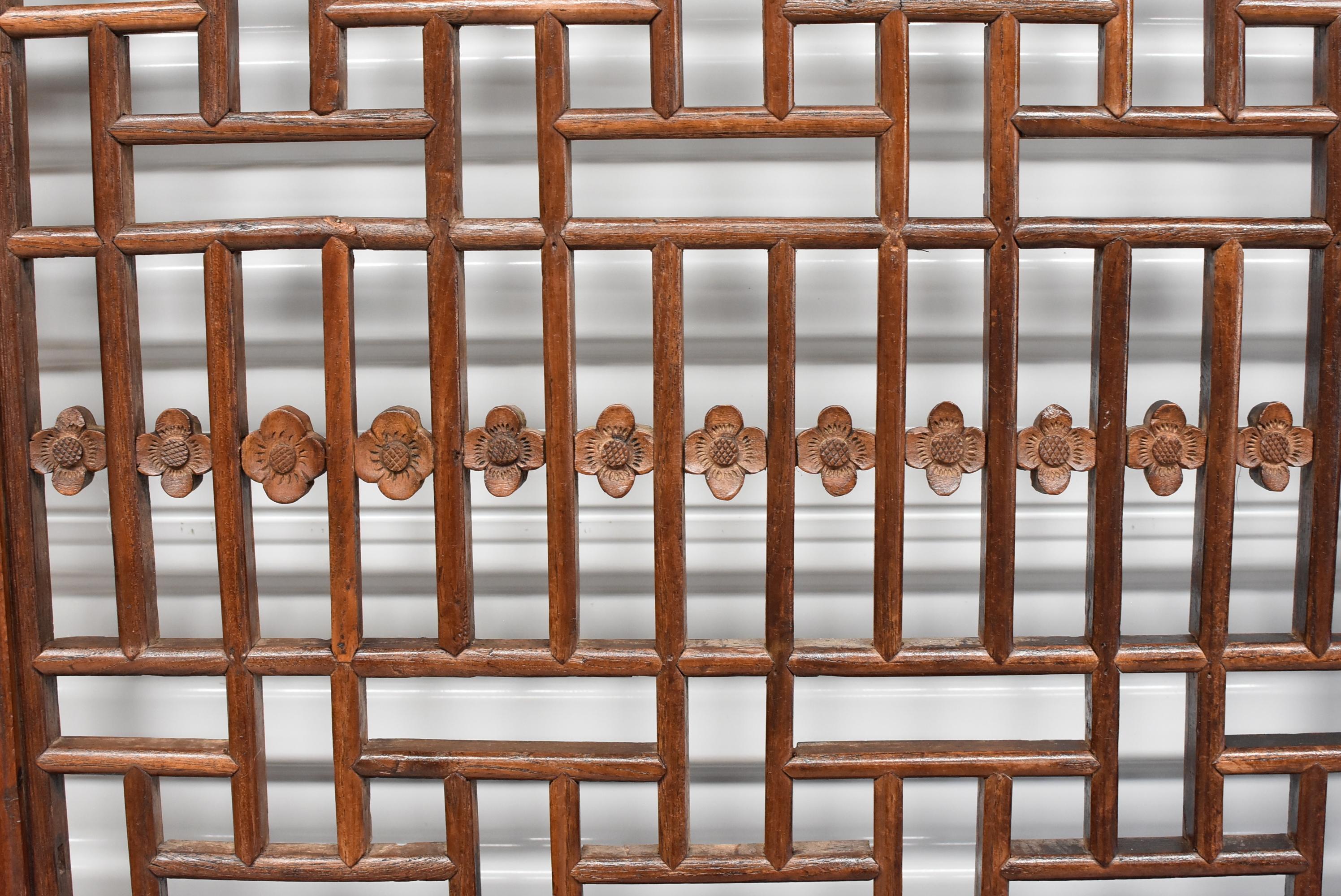 Antique Chinese Lattice Screen with Carved Plum Blossom and Dragon In Good Condition In Somis, CA