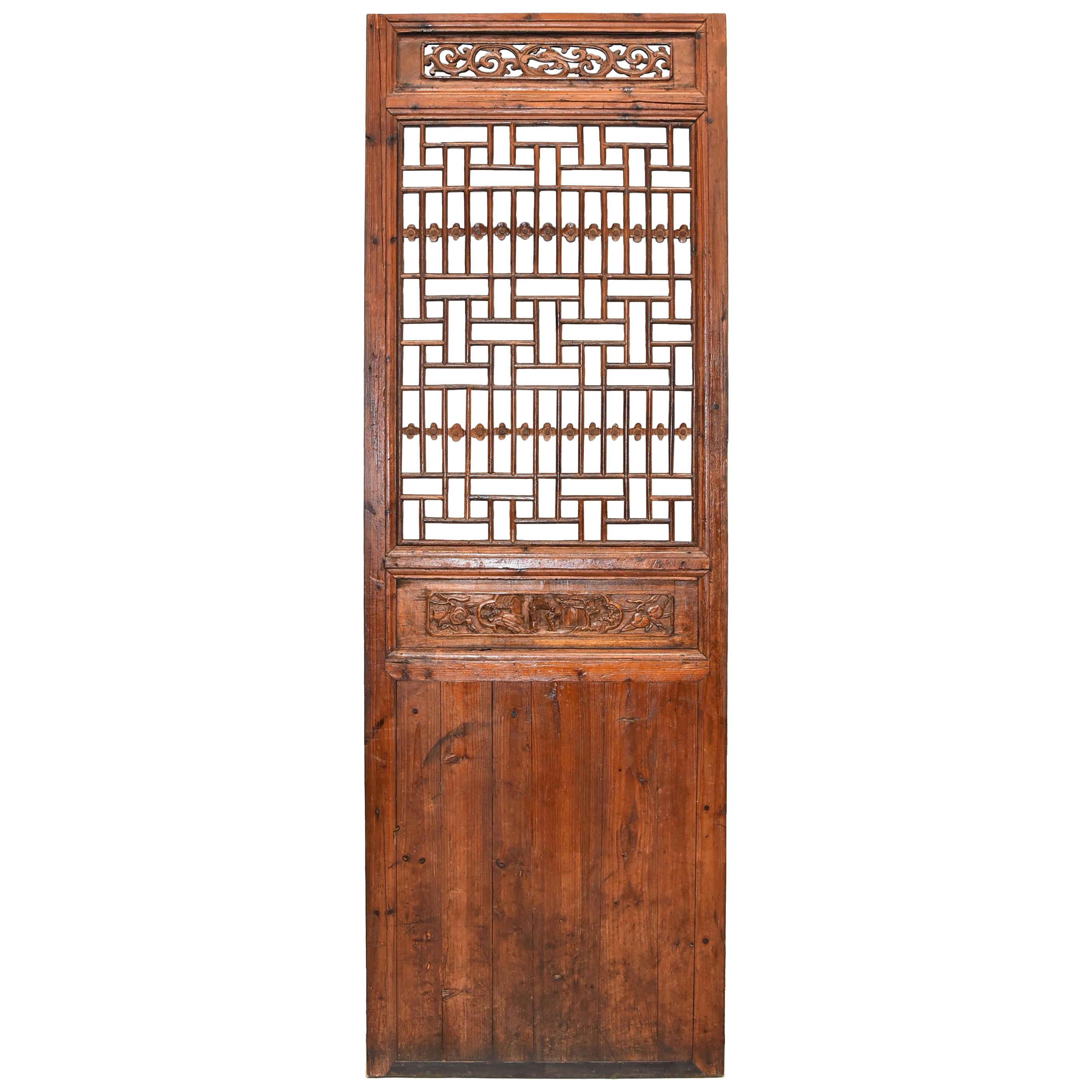 Antique Chinese Lattice Screen with Carved Plum Blossom and Dragon