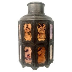 Antique Chinese Lead & Bronze Tea Caddy With Glass Covered Panels