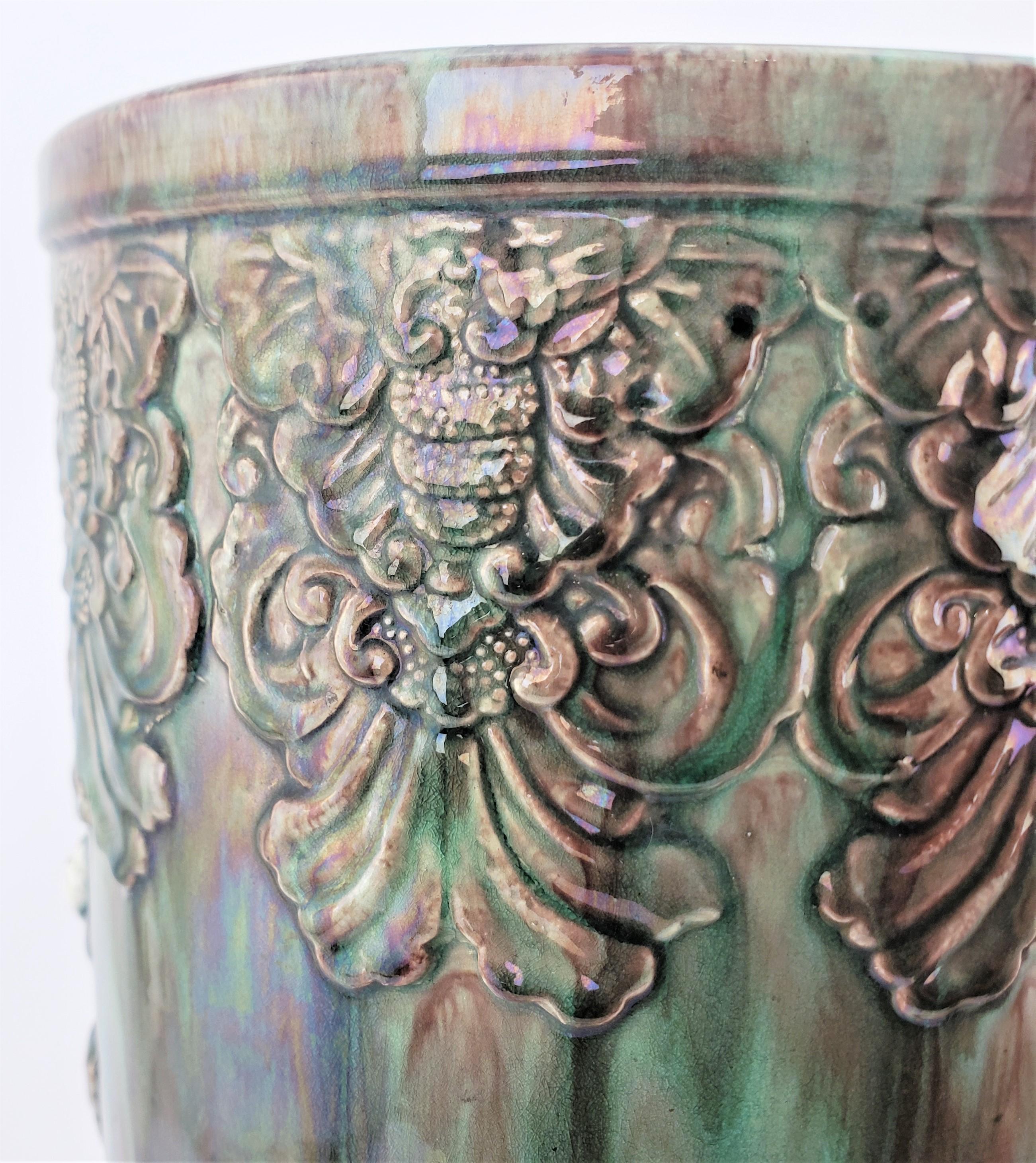 Antique Chinese Lead Drip Glazed Majolica Umbrella Stand with Floral Decoration In Good Condition For Sale In Hamilton, Ontario