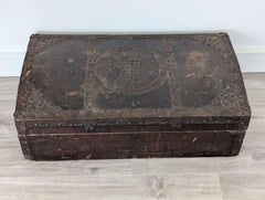 Antique Chinese Leather-Clad Hardwood Chest with Brass Riveted Shou Motif