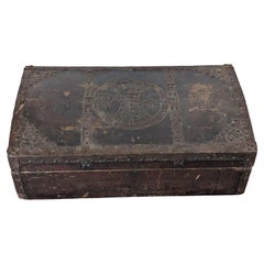 Antique Chinese Leather-Clad Hardwood Chest with Brass Riveted Shou Motif
