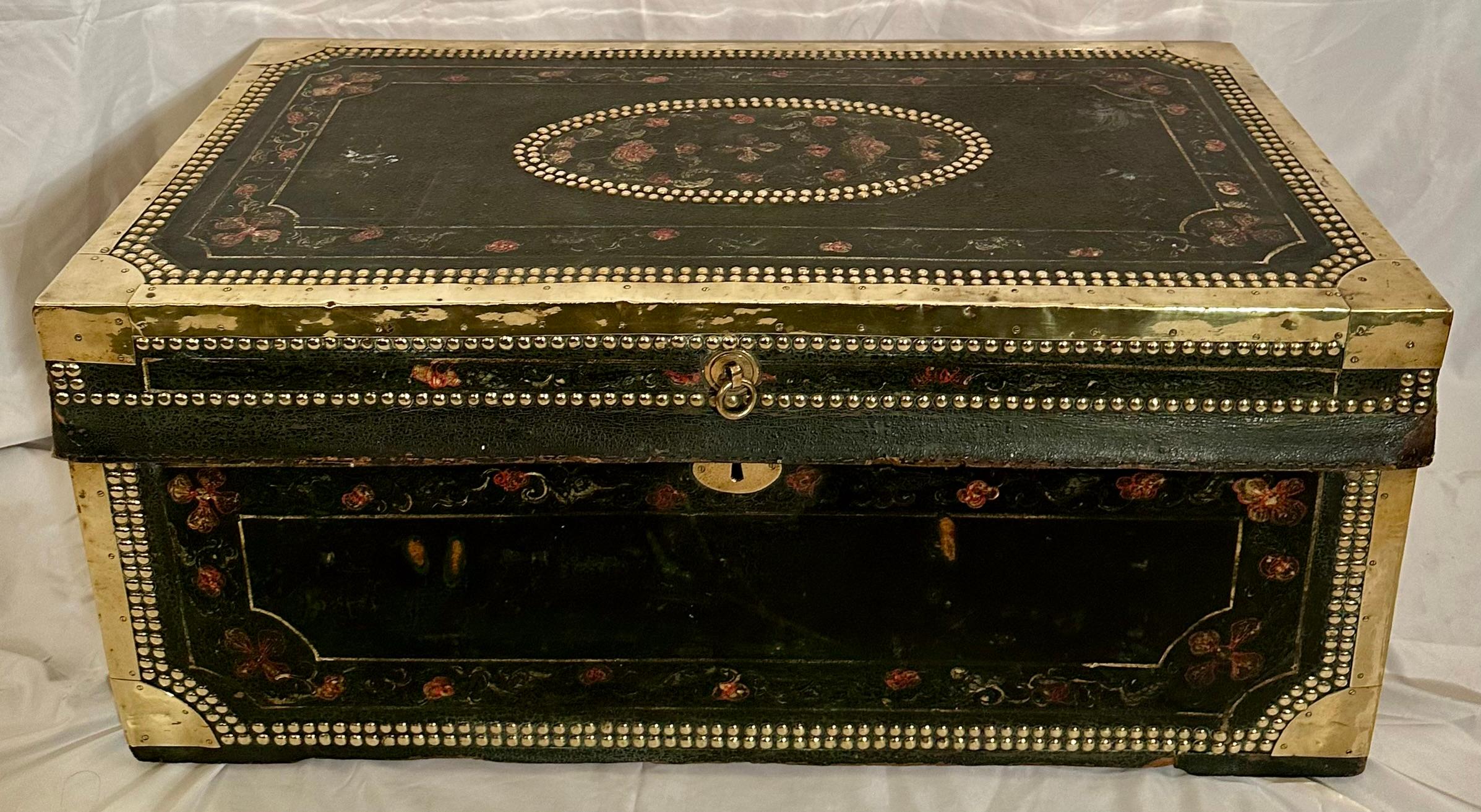 Antique Chinese Leather Covered Camphor Trunk with Brass Mounts, Circa 1895. 