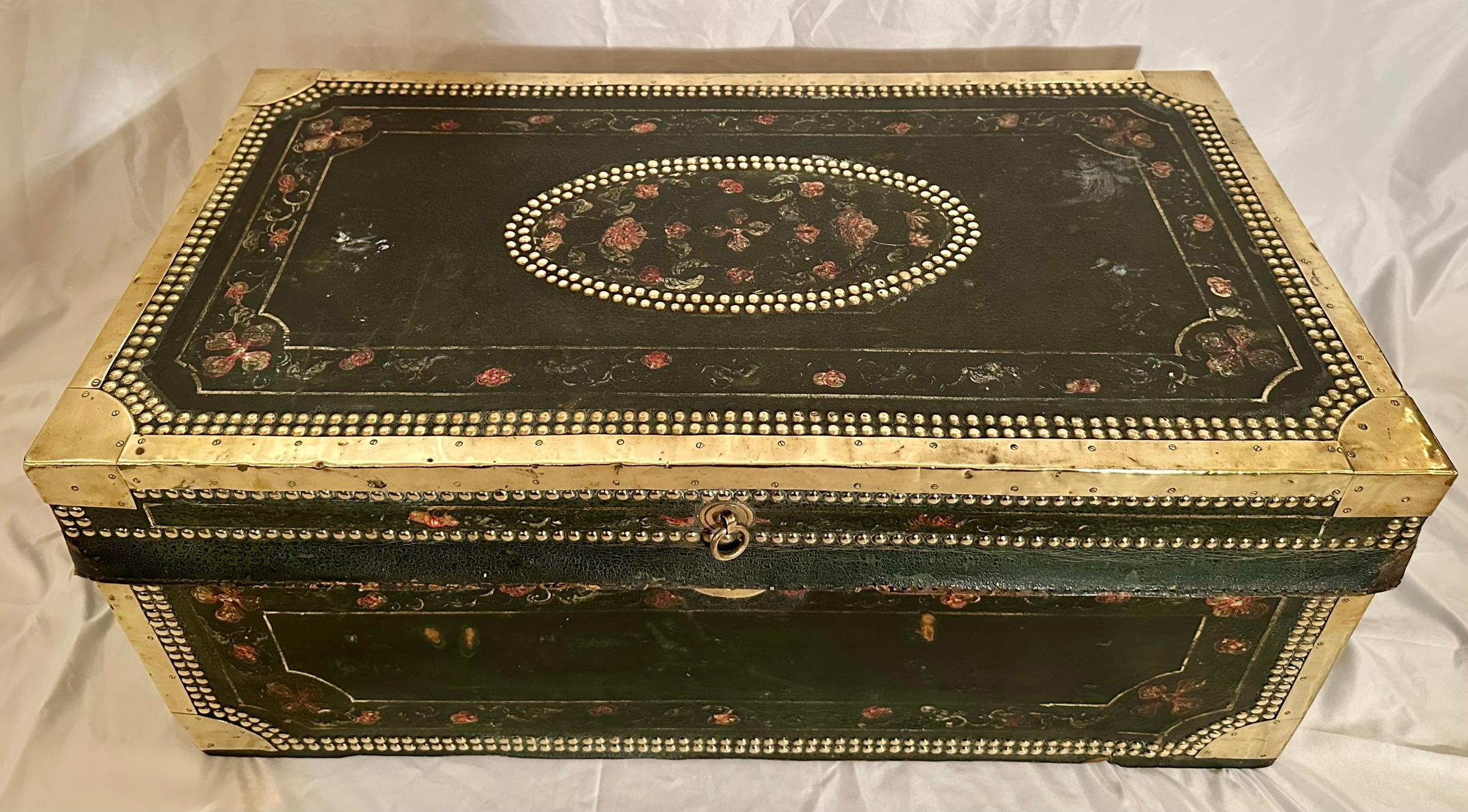 Antique Chinese Leather Covered Camphor Trunk with Brass Mounts, Circa 1895. In Good Condition For Sale In New Orleans, LA
