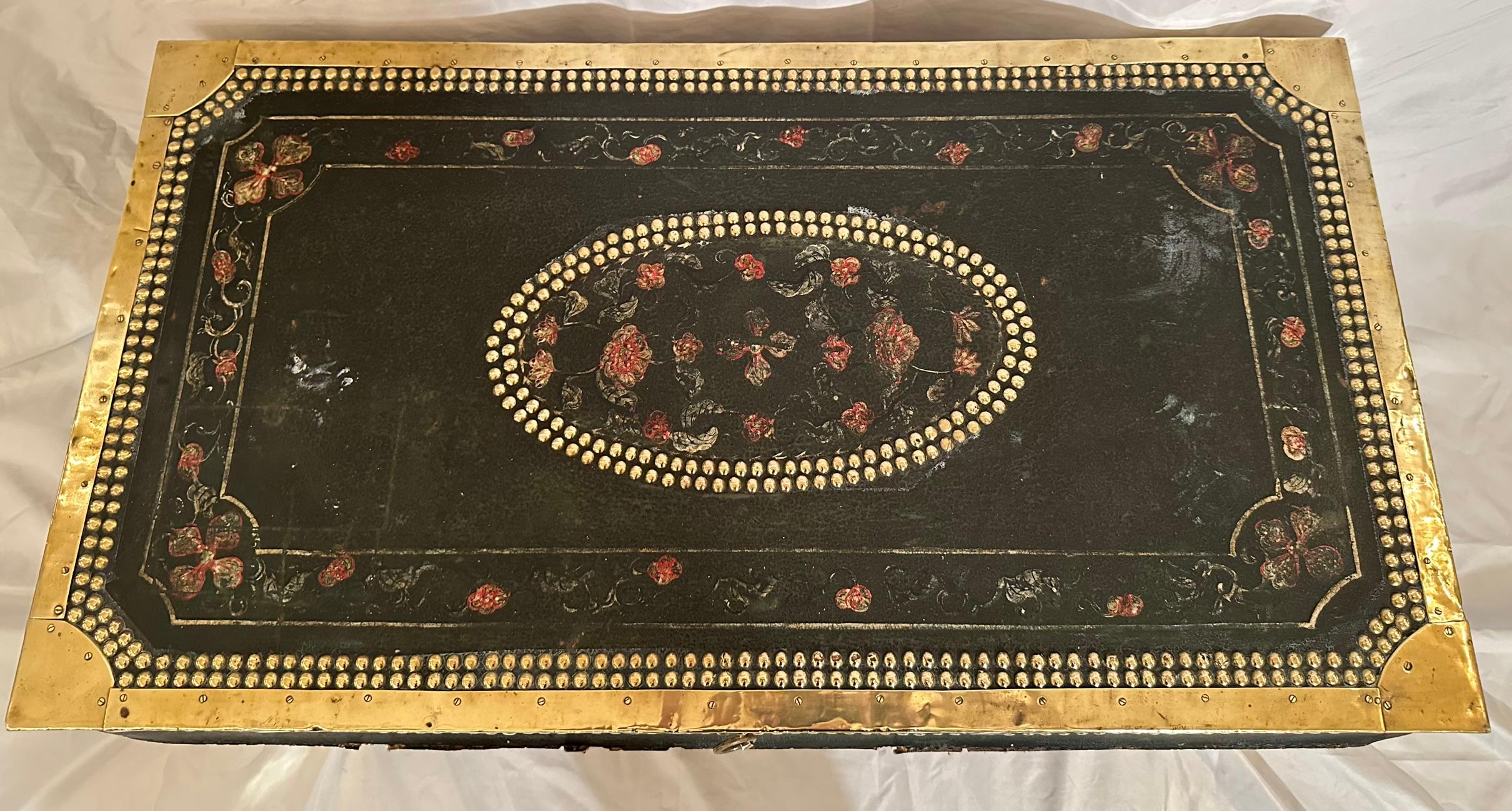 19th Century Antique Chinese Leather Covered Camphor Trunk with Brass Mounts, Circa 1895. For Sale