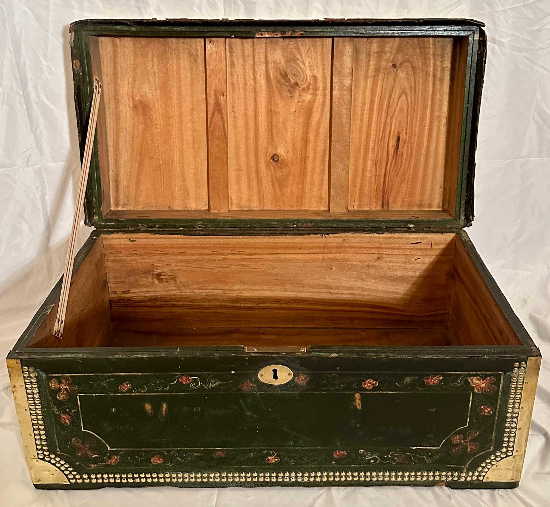 Antique Chinese Leather Covered Camphor Trunk with Brass Mounts, Circa 1895. For Sale 1