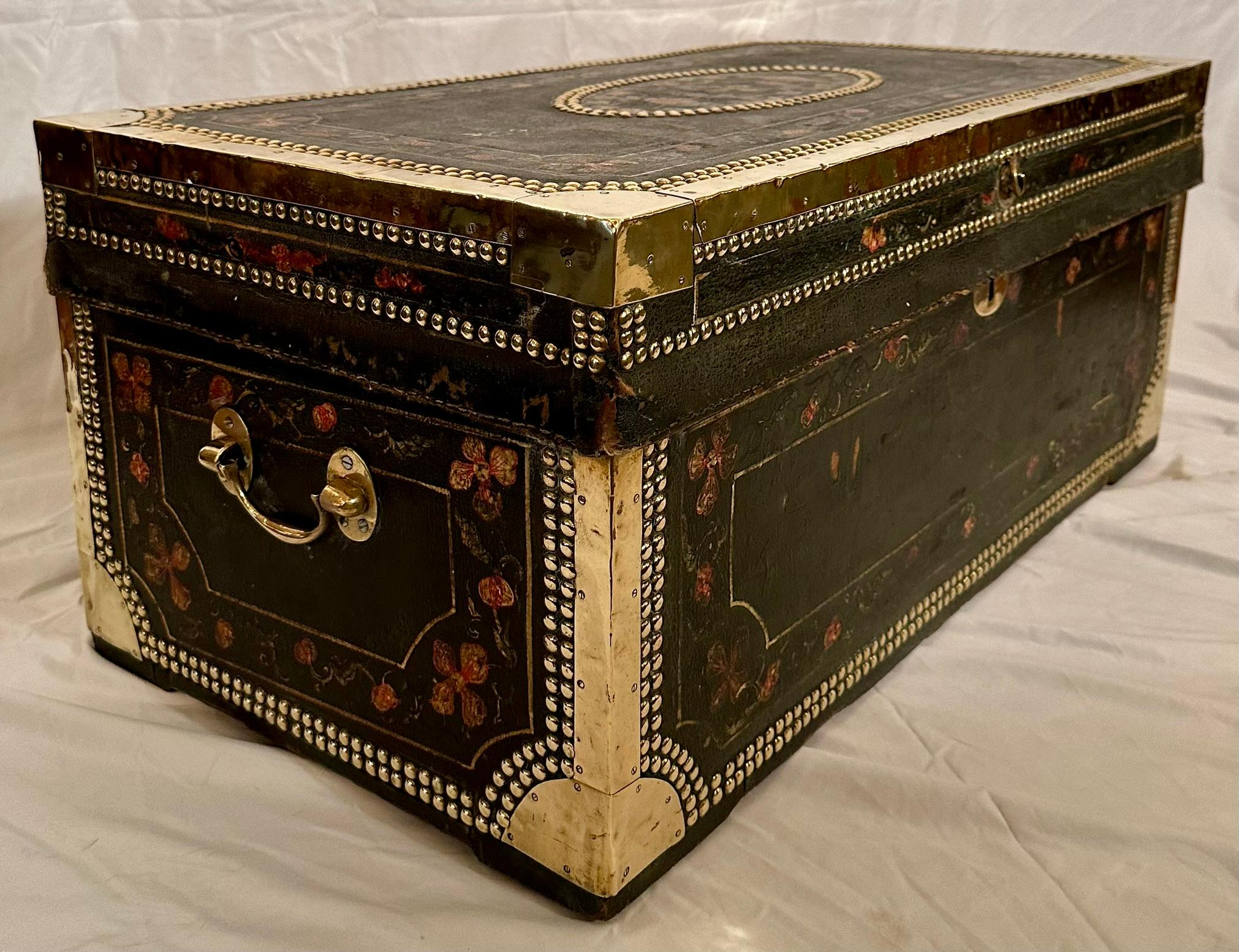 Antique Chinese Leather Covered Camphor Trunk with Brass Mounts, Circa 1895. For Sale 2