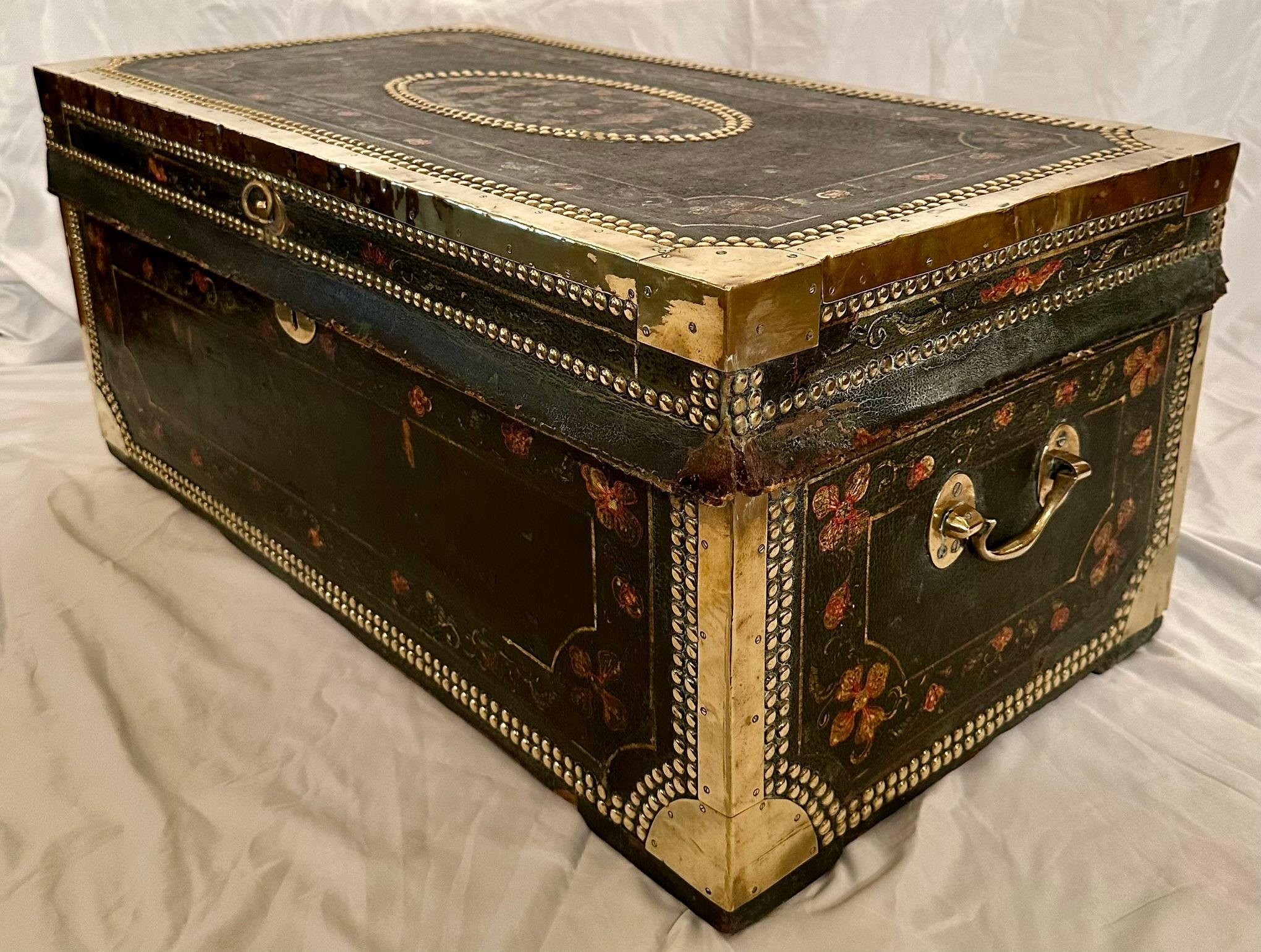 Antique Chinese Leather Covered Camphor Trunk with Brass Mounts, Circa 1895. For Sale 3