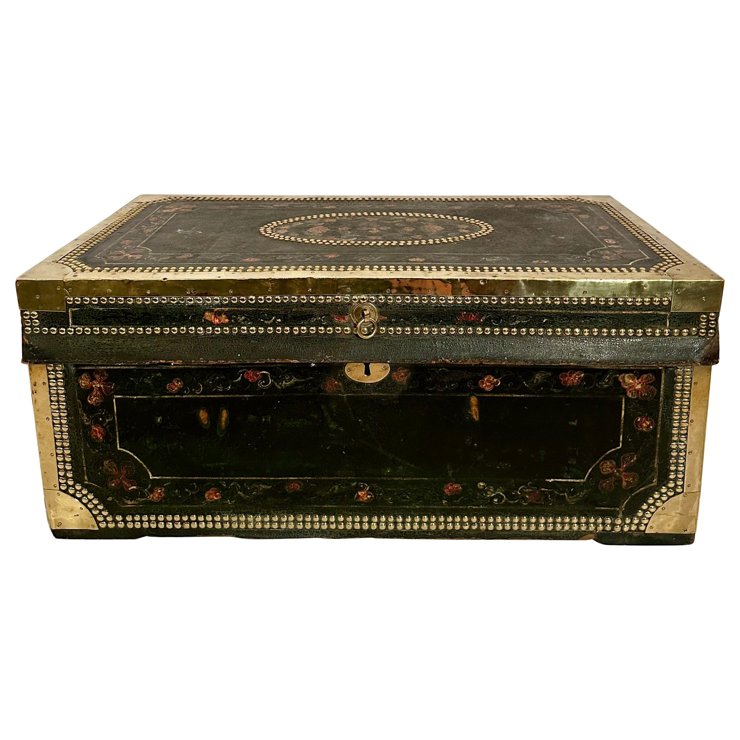 Antique Chinese Leather Covered Camphor Trunk with Brass Mounts, Circa 1895. For Sale