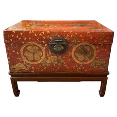 Antique Chinese Leather Trunk with Gold Crests