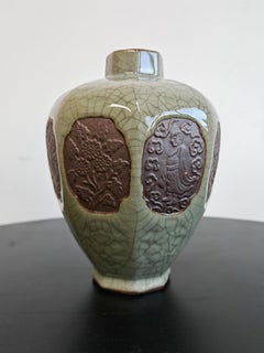Antique Chinese Longquan celadon octagonal vase in green glaze