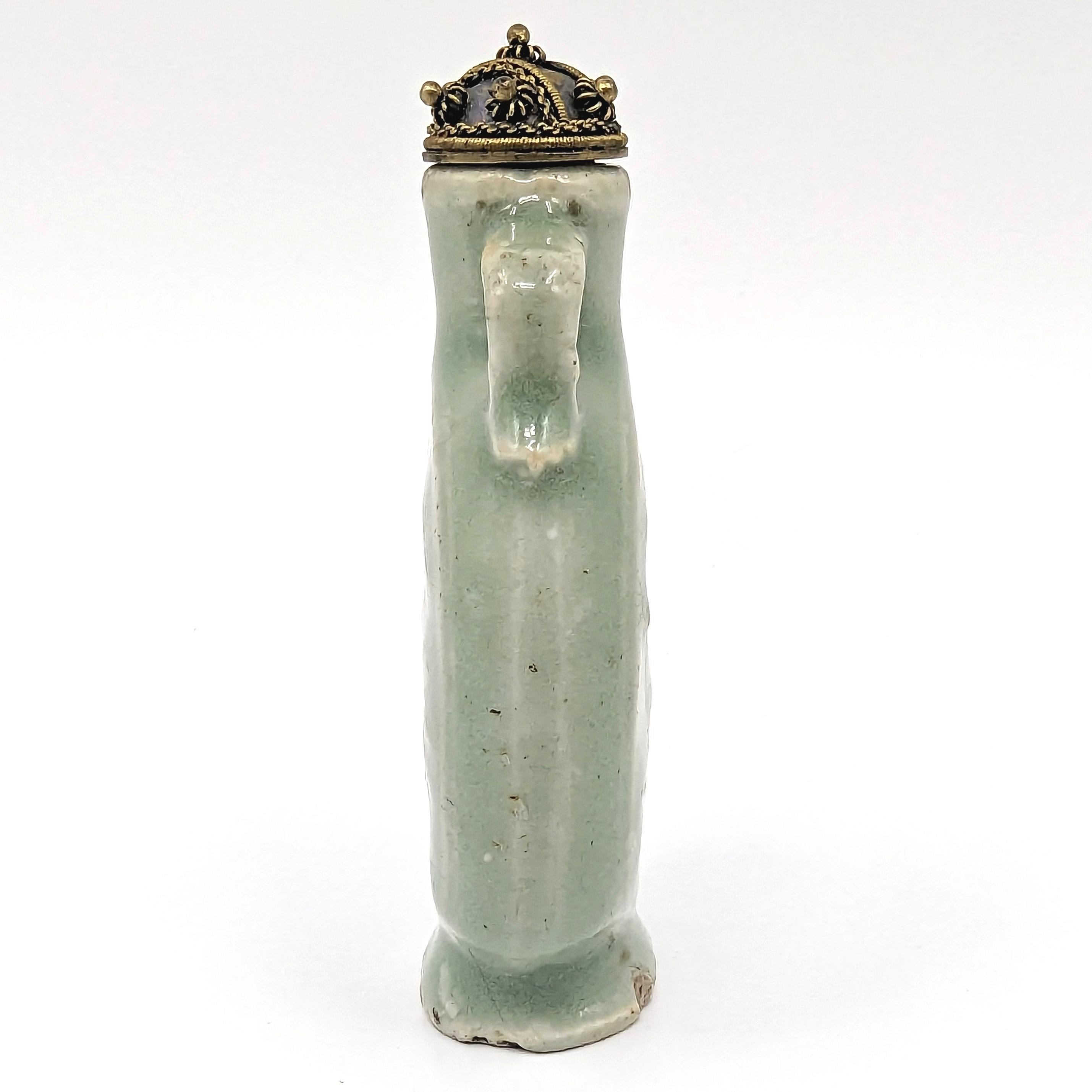 Women's or Men's Antique Chinese Longquan Celadon Glazed Porcelain Snuff Bottle Carved 19c Qing