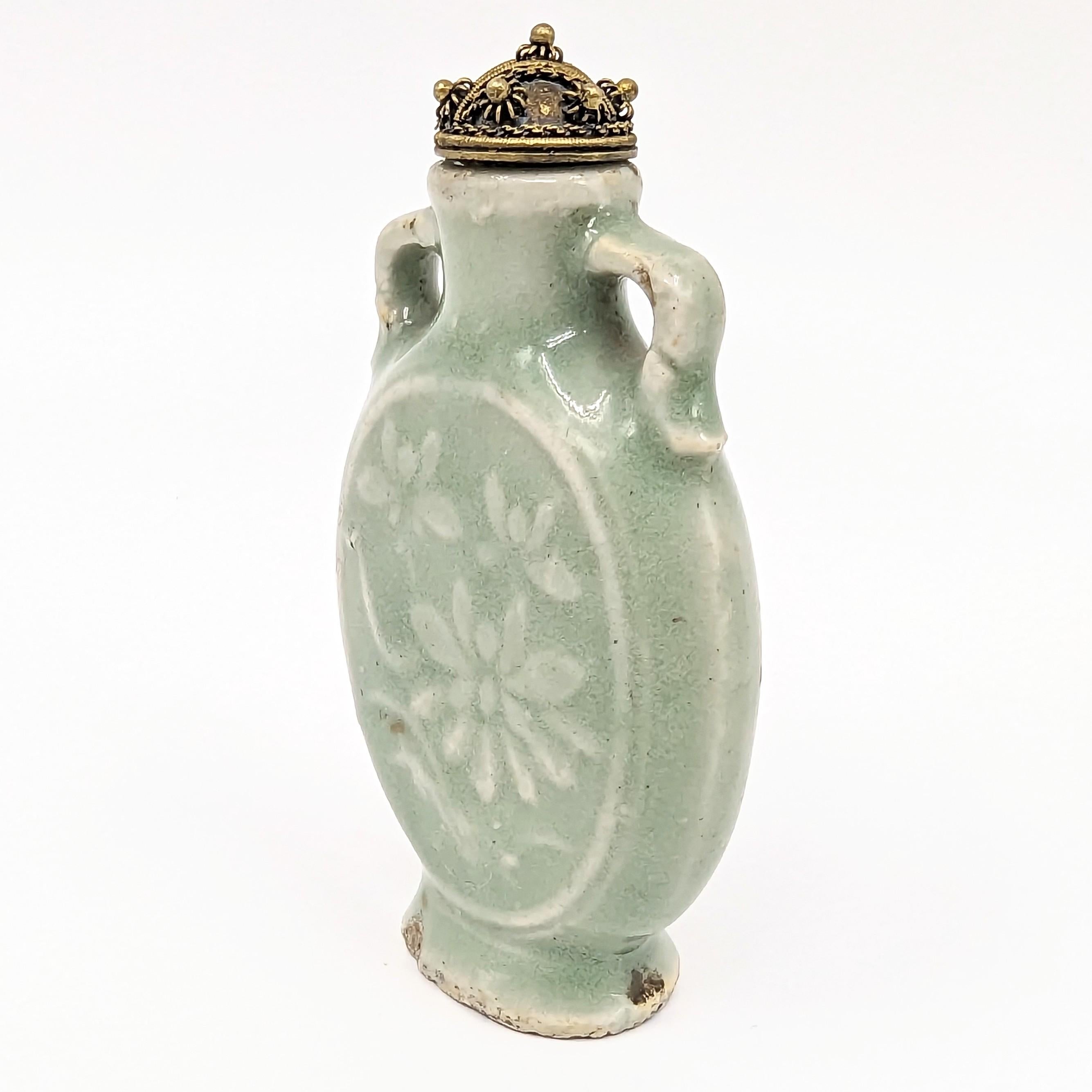 Antique Chinese Longquan Celadon Glazed Porcelain Snuff Bottle Carved 19c Qing 1