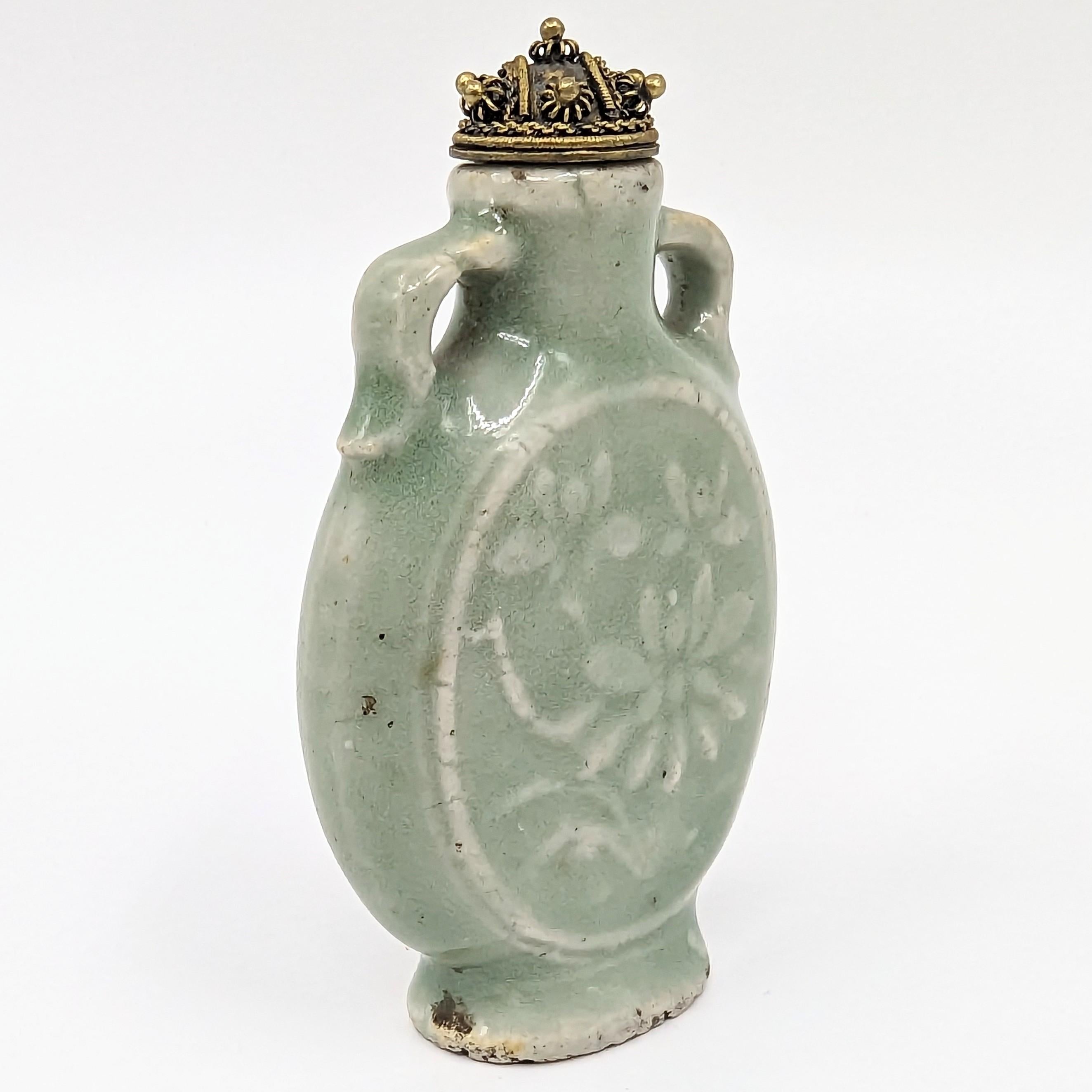 Antique Chinese Longquan Celadon Glazed Porcelain Snuff Bottle Carved 19c Qing 2