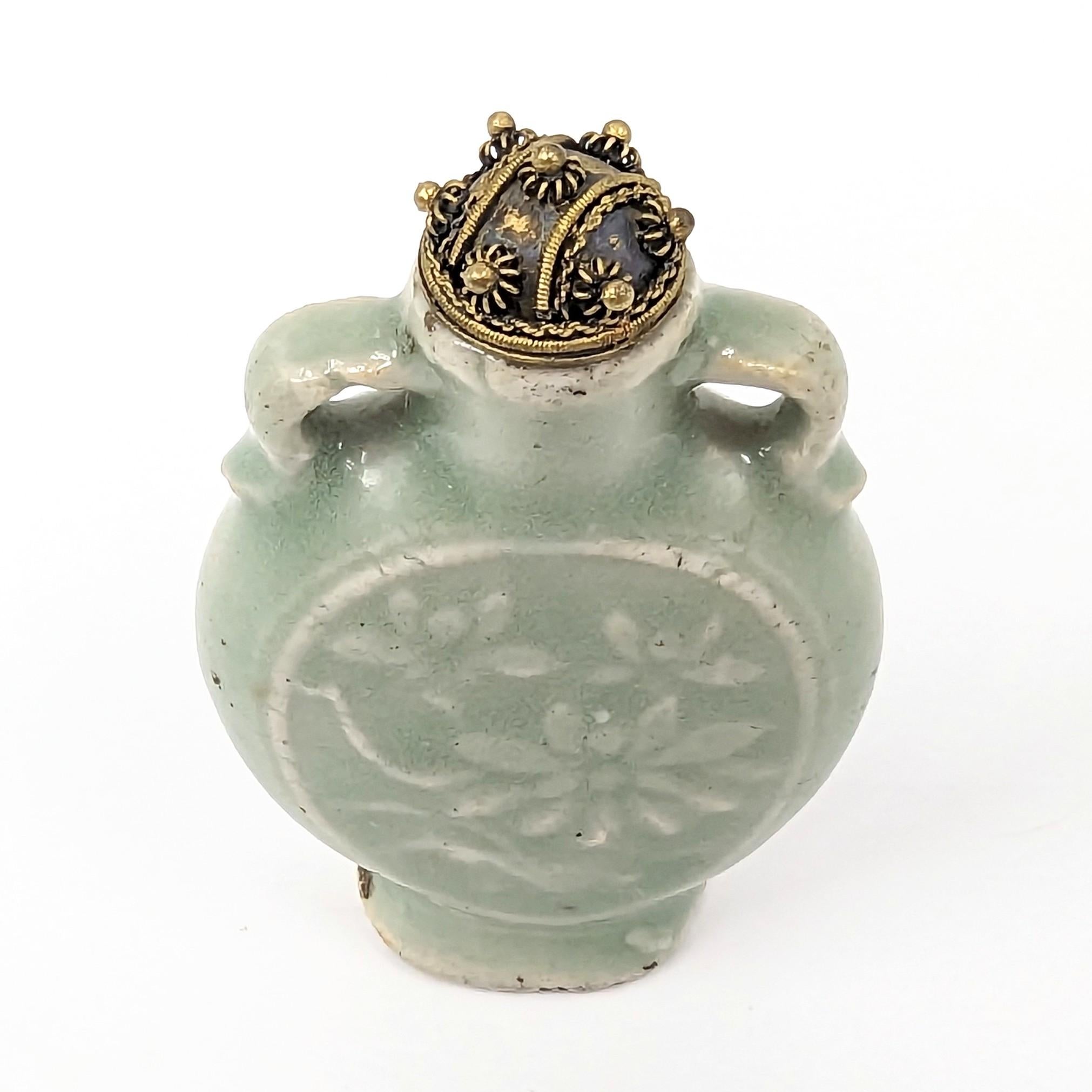 Antique Chinese Longquan Celadon Glazed Porcelain Snuff Bottle Carved 19c Qing 3