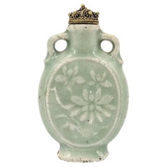 Antique Chinese Longquan Celadon Glazed Porcelain Snuff Bottle Carved 19c Qing