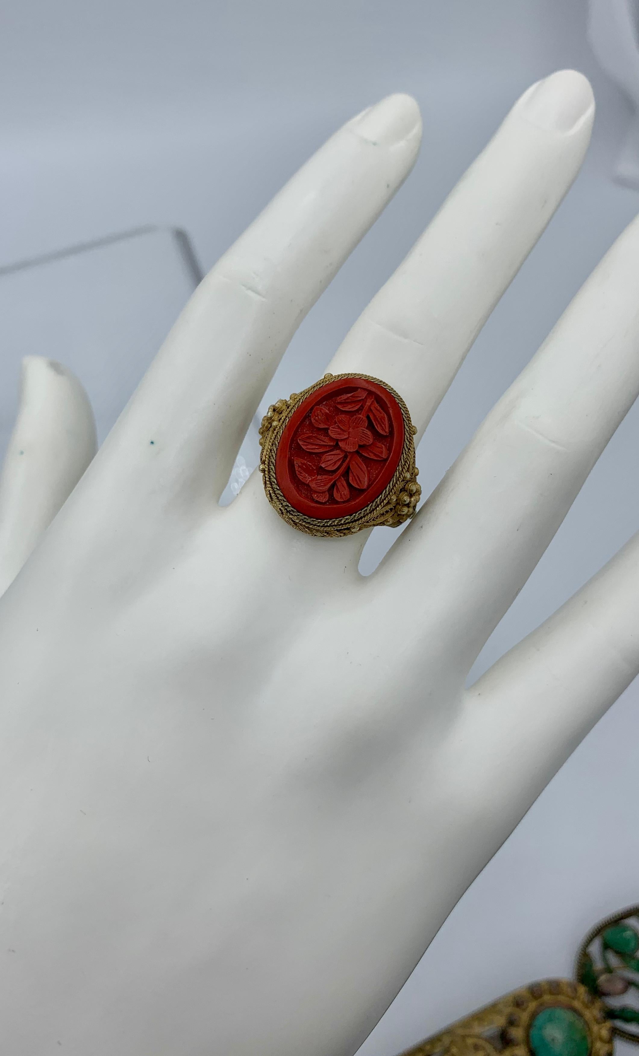 Art Deco Antique Chinese Lotus Flower Cinnabar Ring Carved Silver Gilt Chinese Export