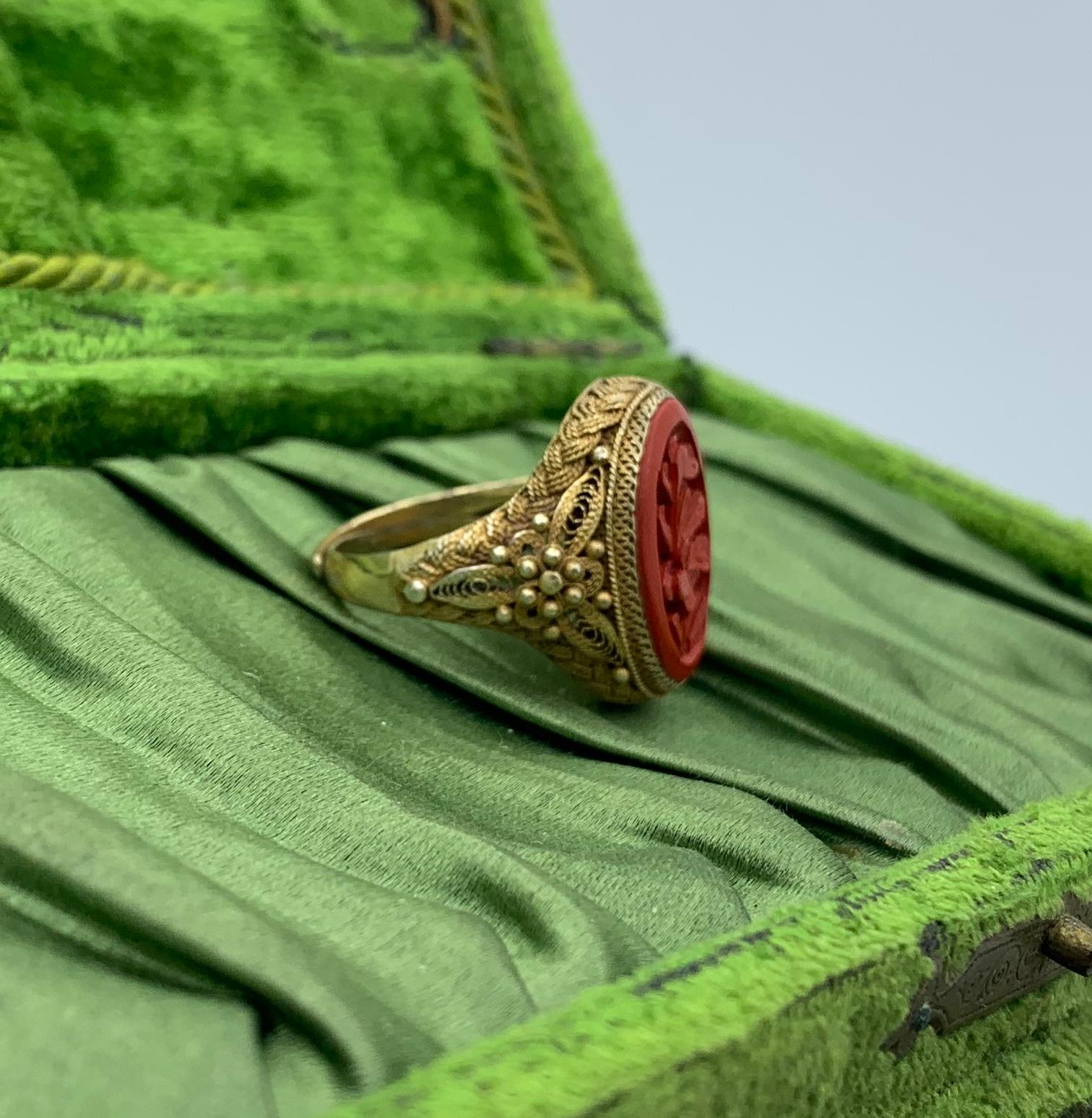 Antique Chinese Lotus Flower Cinnabar Ring Carved Silver Gilt Chinese Export In Good Condition In New York, NY