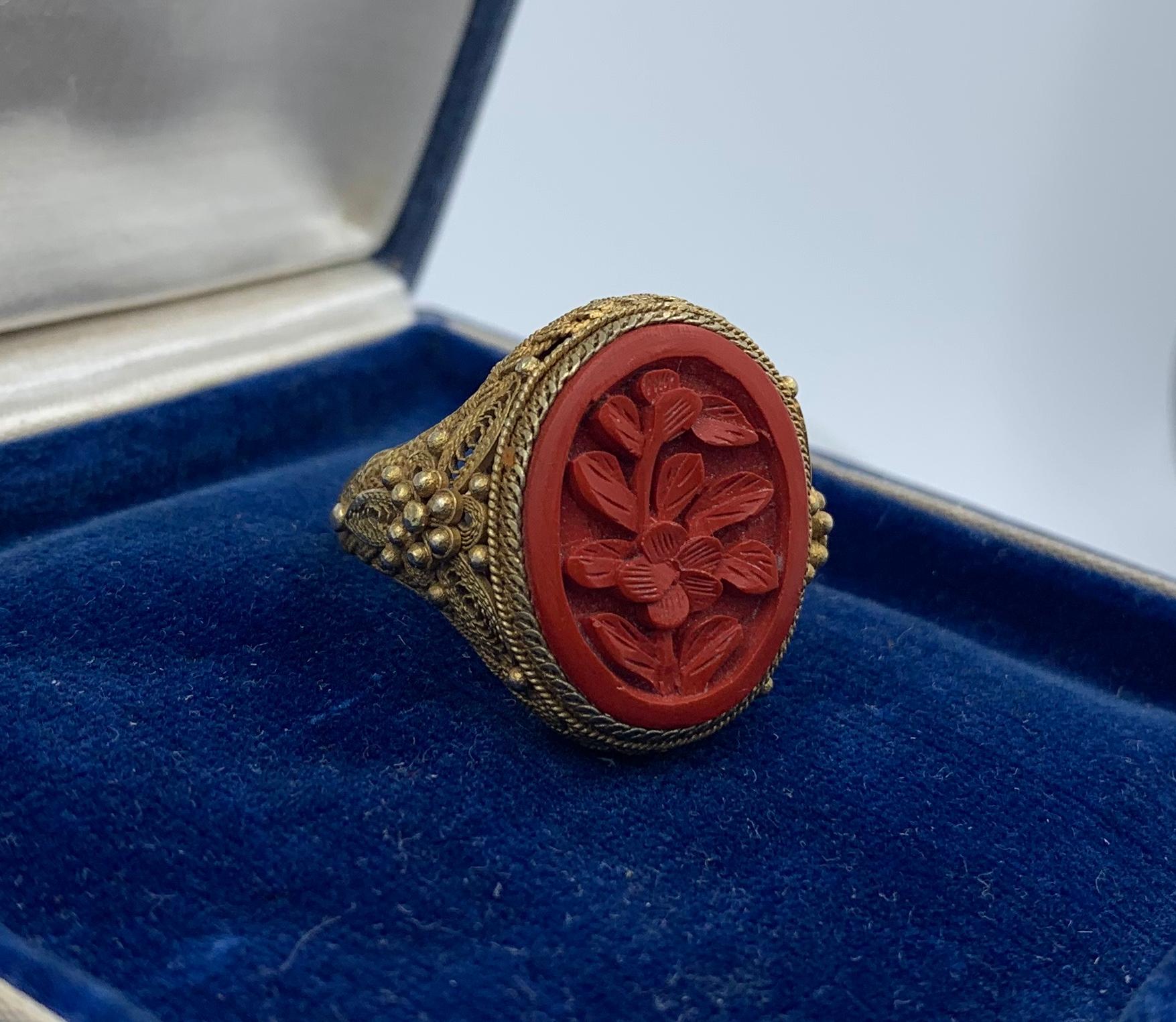 Women's or Men's Antique Chinese Lotus Flower Cinnabar Ring Carved Silver Gilt Chinese Export
