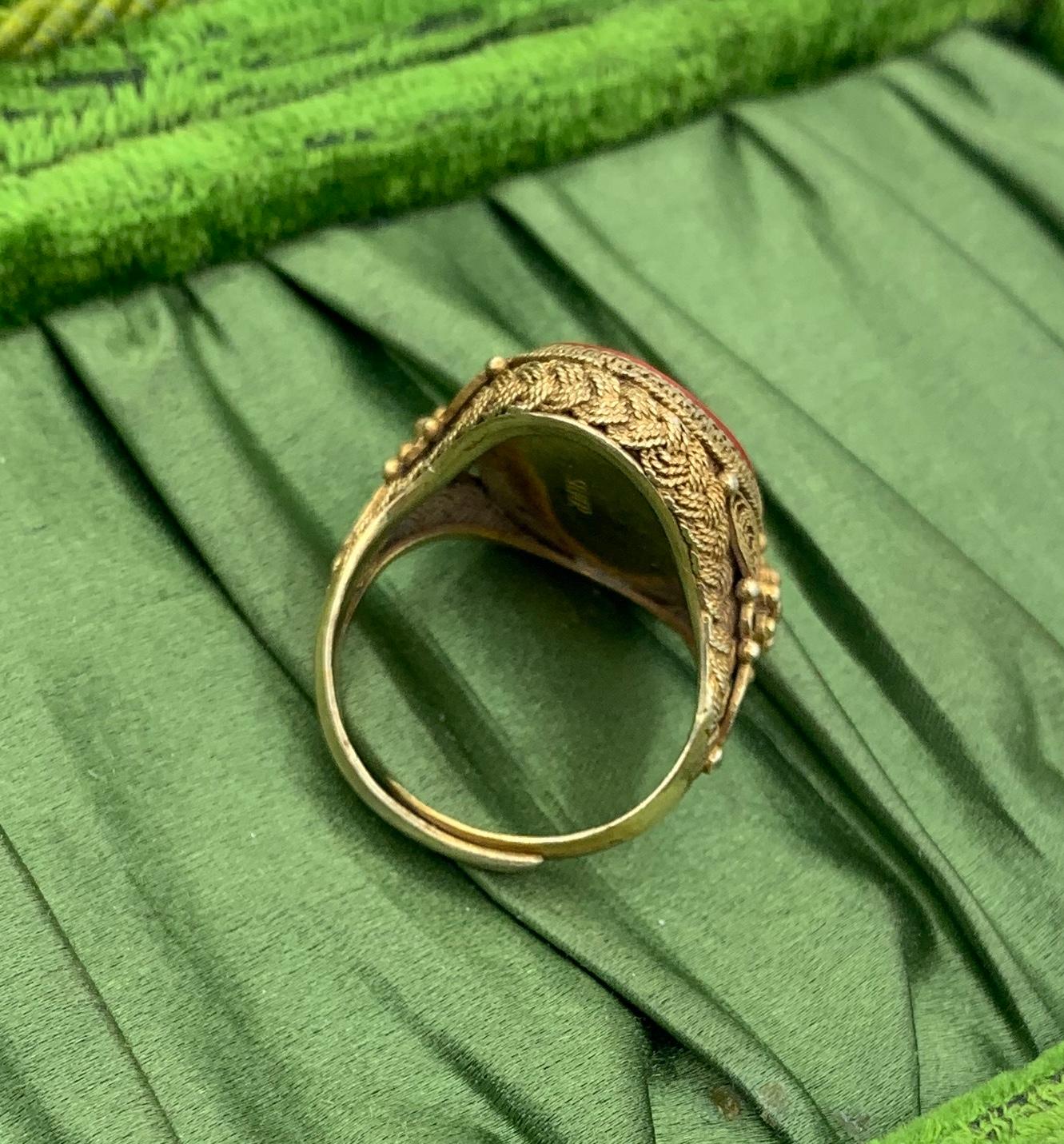 Antique Chinese Lotus Flower Cinnabar Ring Carved Silver Gilt Chinese Export 1