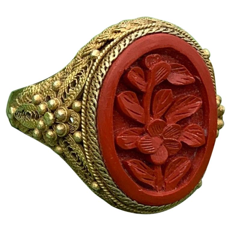 OLD MIAO SILVER CARVED FLOWER INLAY RED ZIRCON LOVE RING 