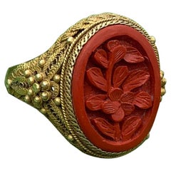 Antique Chinese Lotus Flower Cinnabar Ring Carved Silver Gilt Chinese Export