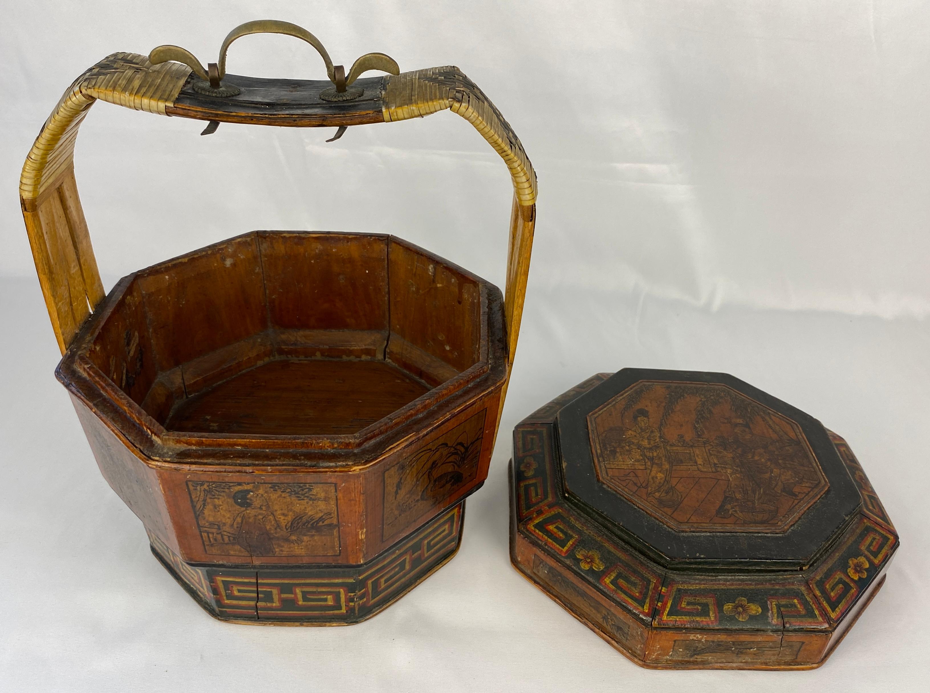 Hand-Carved Antique Chinese Lunch Box with Carved Handle  For Sale