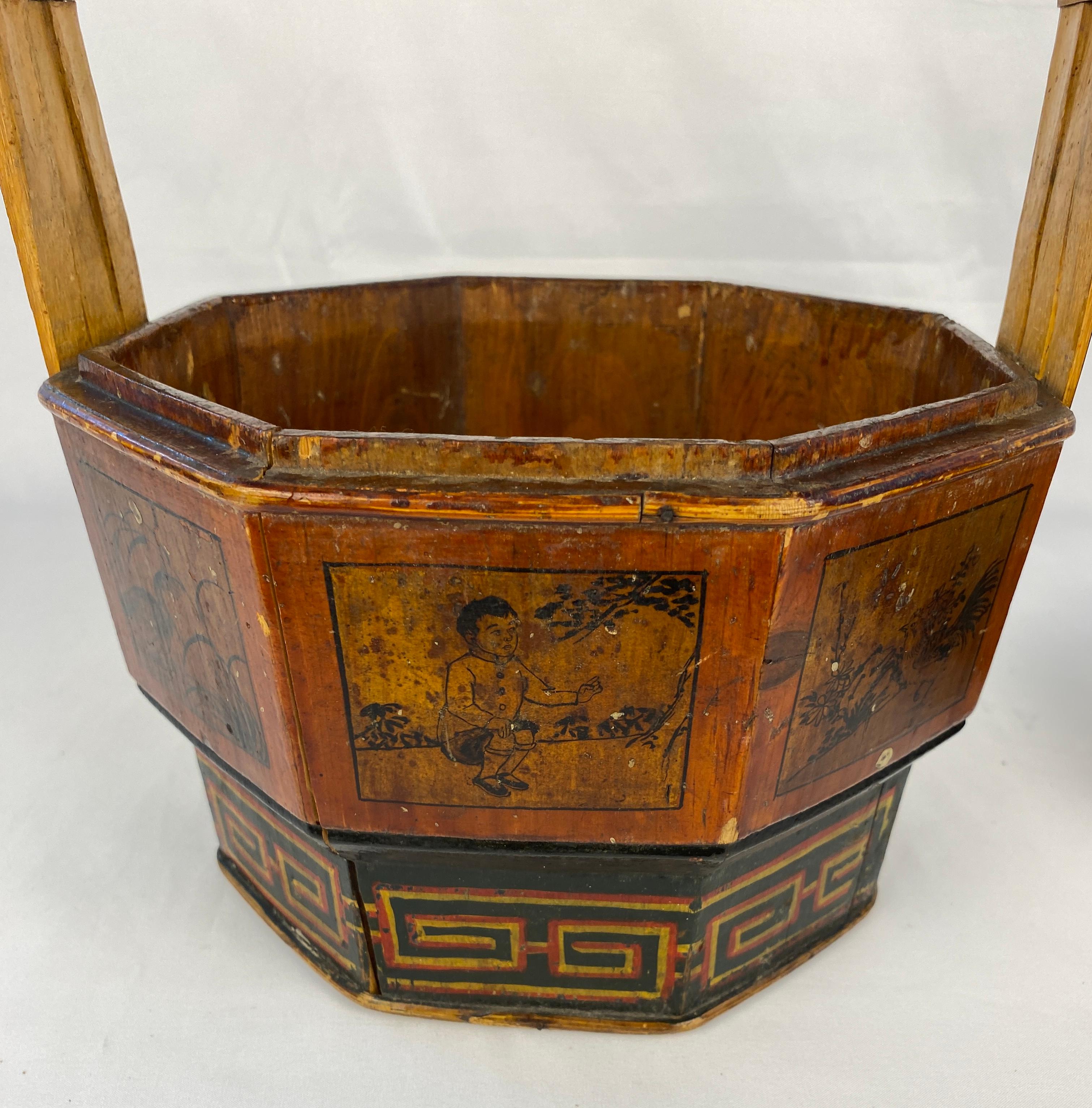 Brass Antique Chinese Lunch Box with Carved Handle  For Sale