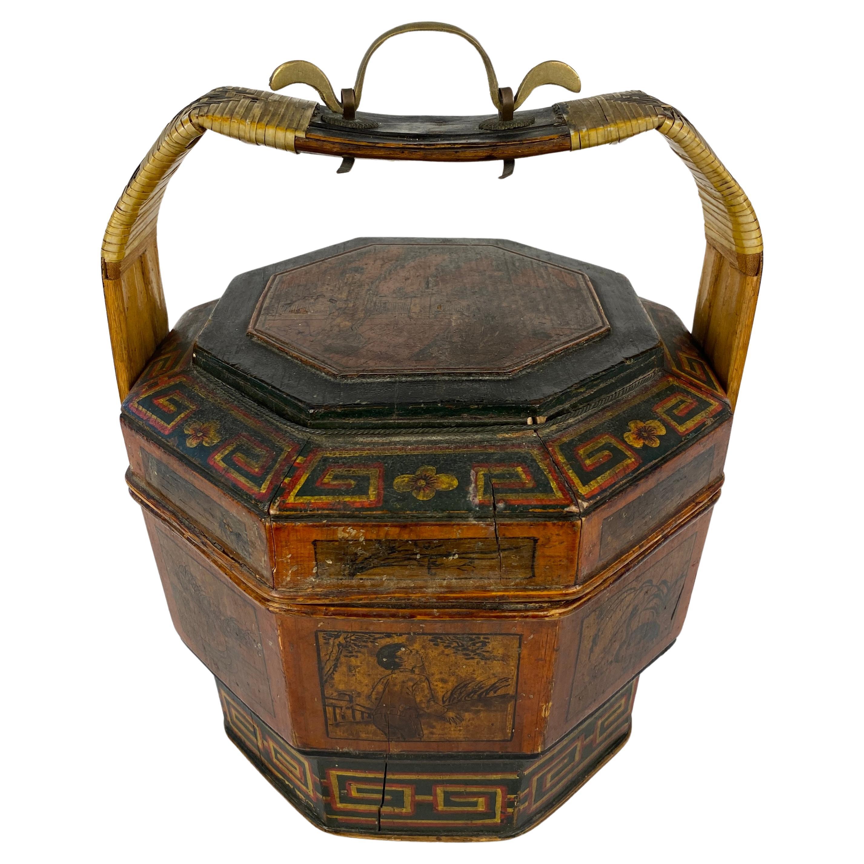 Antique Chinese Lunch Box with Carved Handle  For Sale