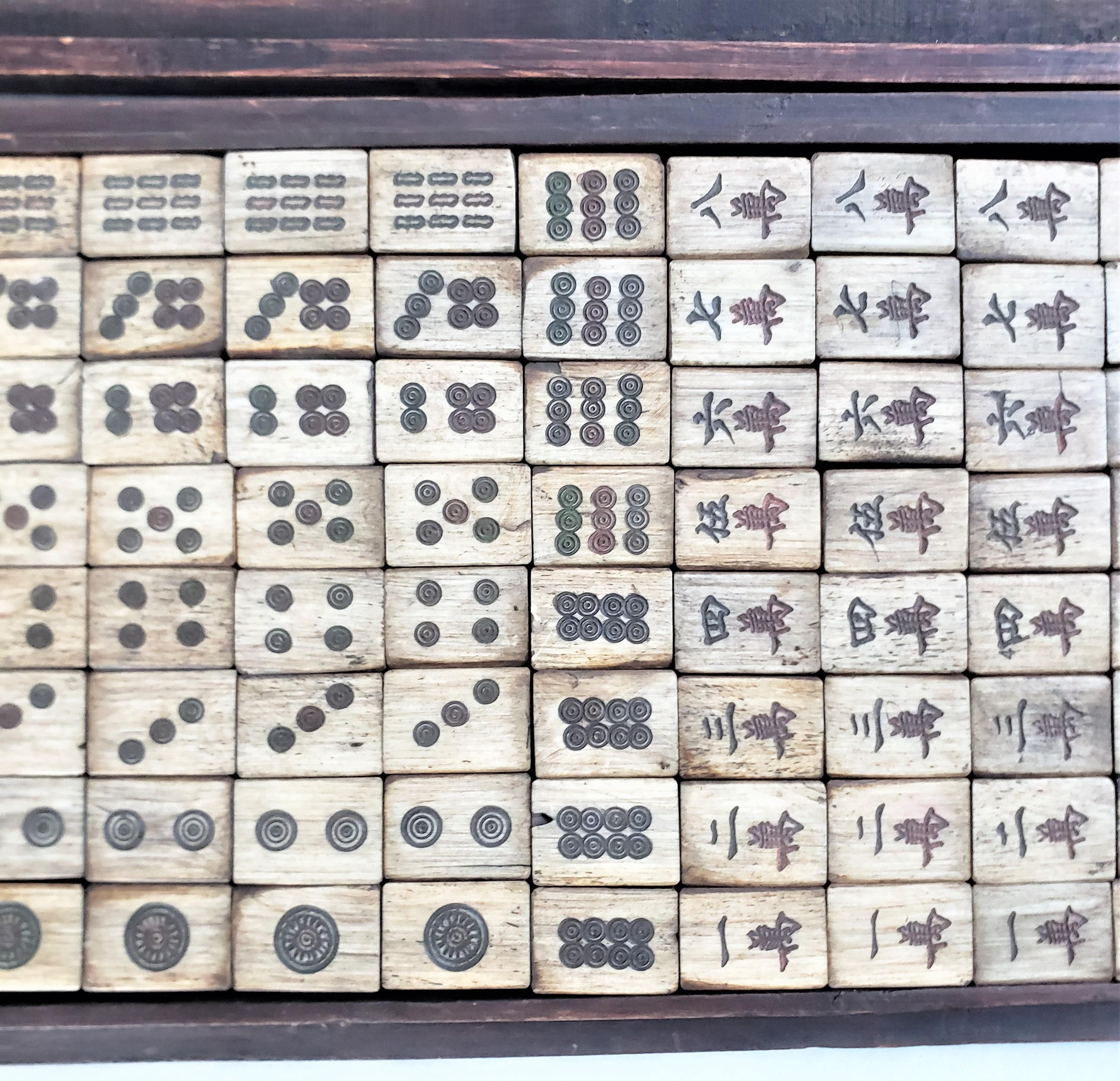 Antique Chinese Mahjong Game Set in Fitted Carved & Polychrome Painted Wood Box For Sale 1