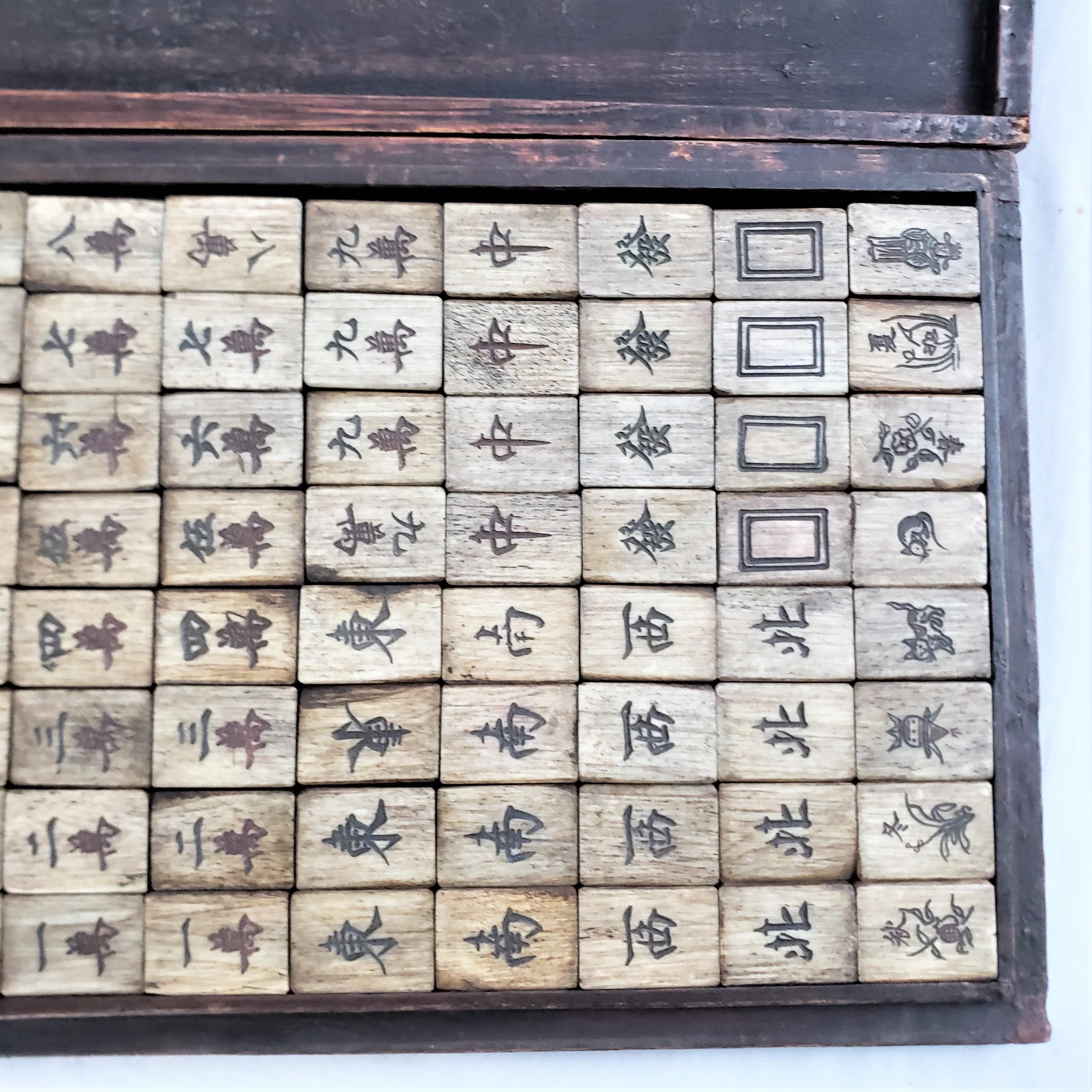 Antique Chinese Mahjong Game Set in Fitted Carved & Polychrome Painted Wood Box For Sale 2