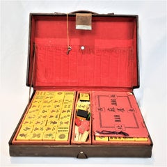 Antique Chinese Mahjong Game Set in Fitted Locking Leather Case with Key