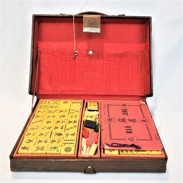 Antique Chinese Mahjong Game Set in Fitted Locking Leather Case