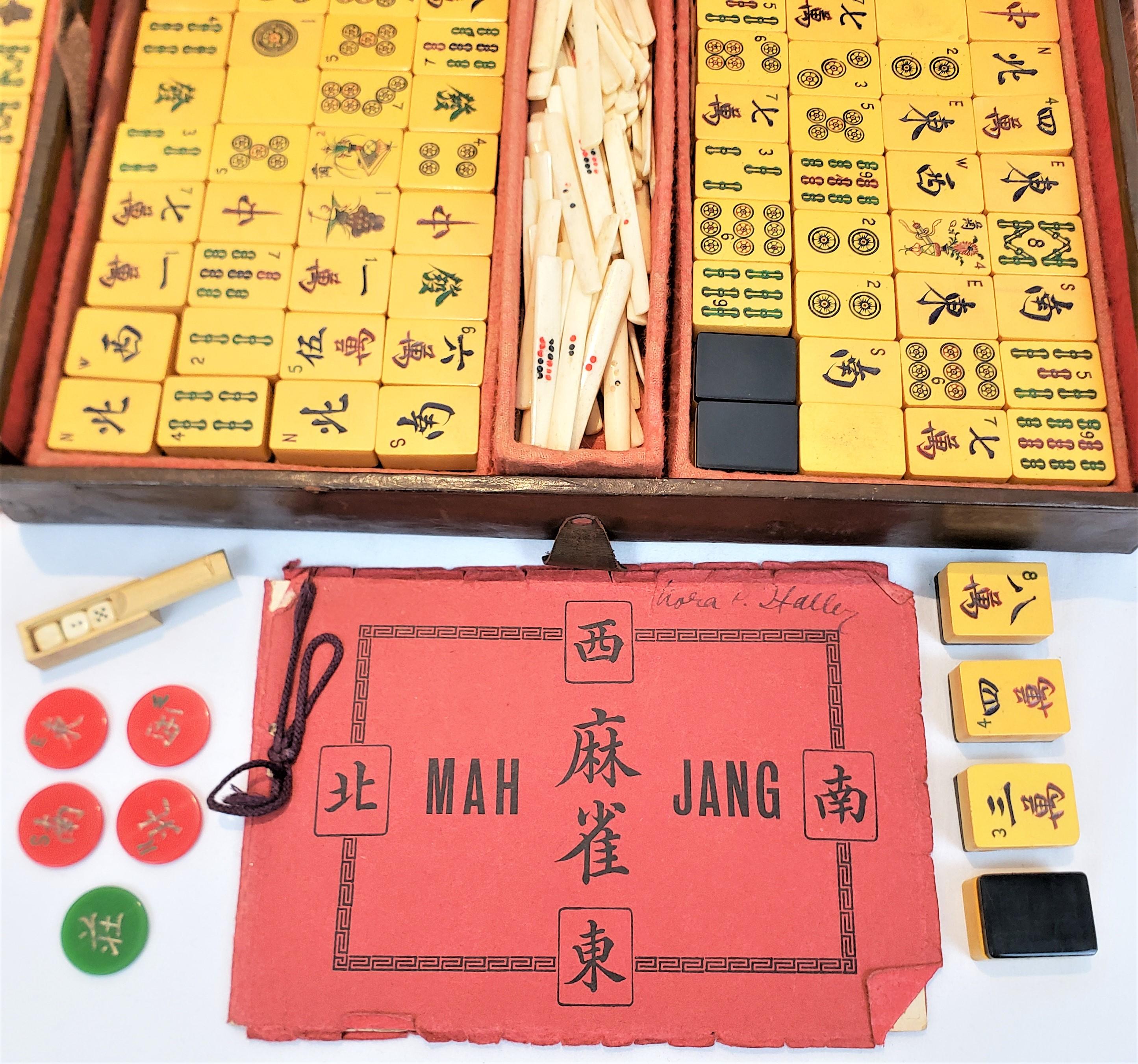 Molded Antique Chinese Mahjong Game Set in Fitted Locking Leather Case with Key For Sale