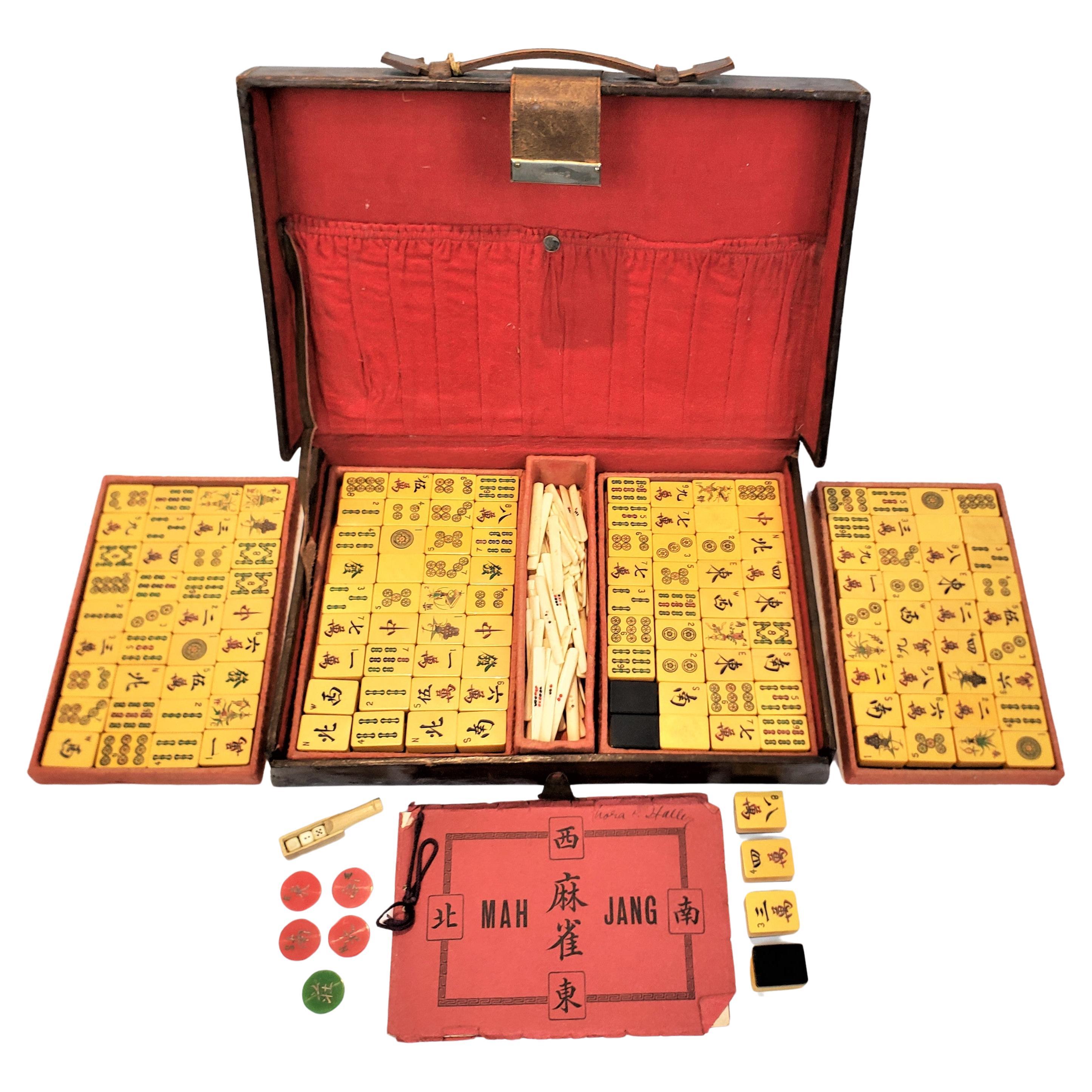 Antique Chinese Mahjong Game Set in Fitted Locking Leather Case with Key