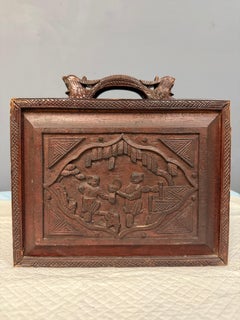 Antique Chinese Mahjong Set, Carved Domestic Scenes Dragon-Motif Wood Case 1920